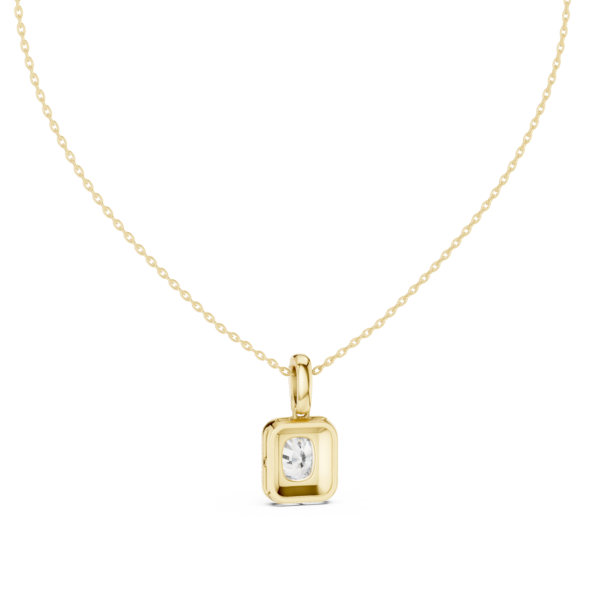 This spectacular pendant features a magnificent Cushion-cut diamond framed by a seamless closed halo of shimmering round diamonds