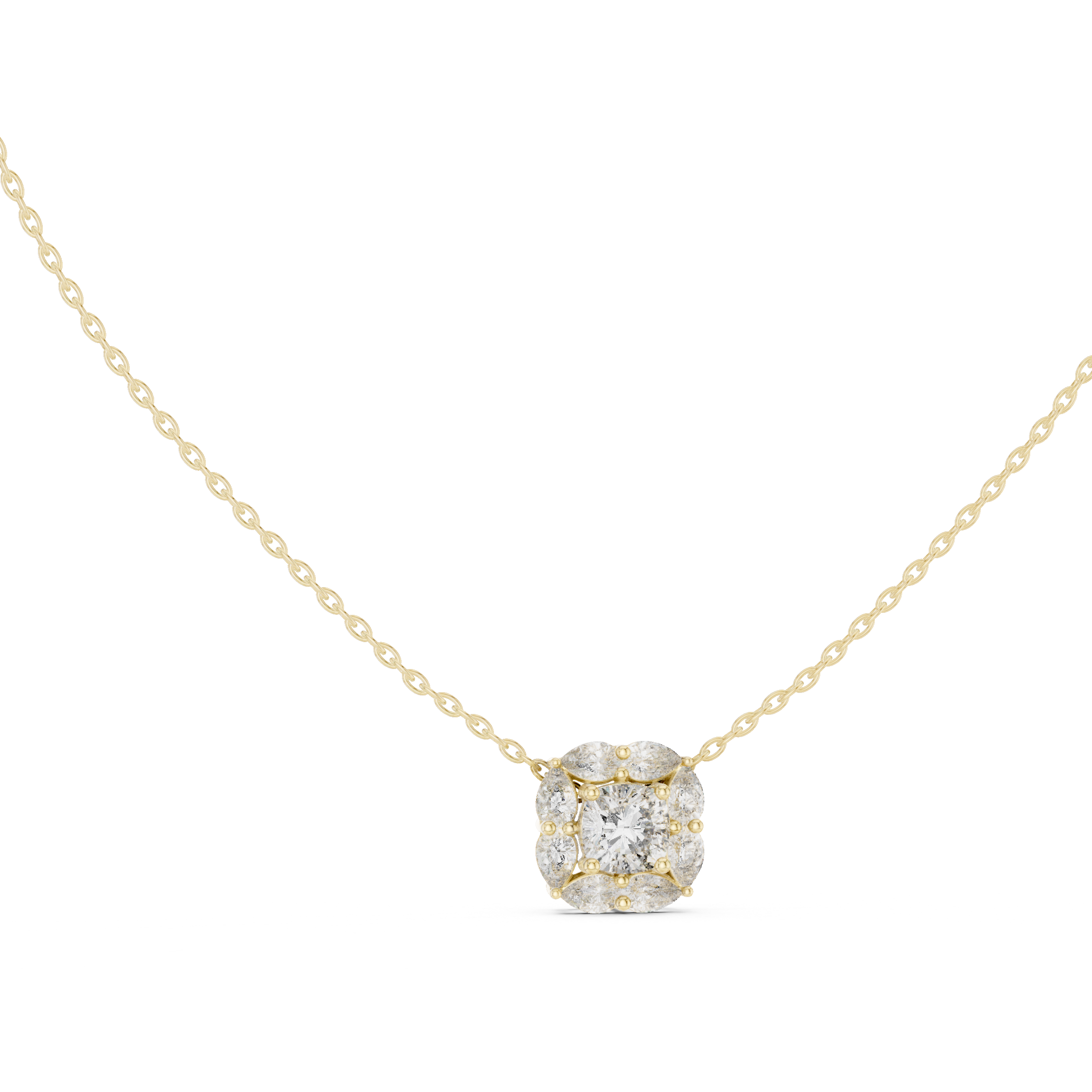 This pendant features a central cushion-cut diamond encircled by a unique mosaic halo of marquise-shaped diamonds