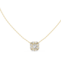 This pendant features a central cushion-cut diamond encircled by a unique mosaic halo of marquise-shaped diamonds