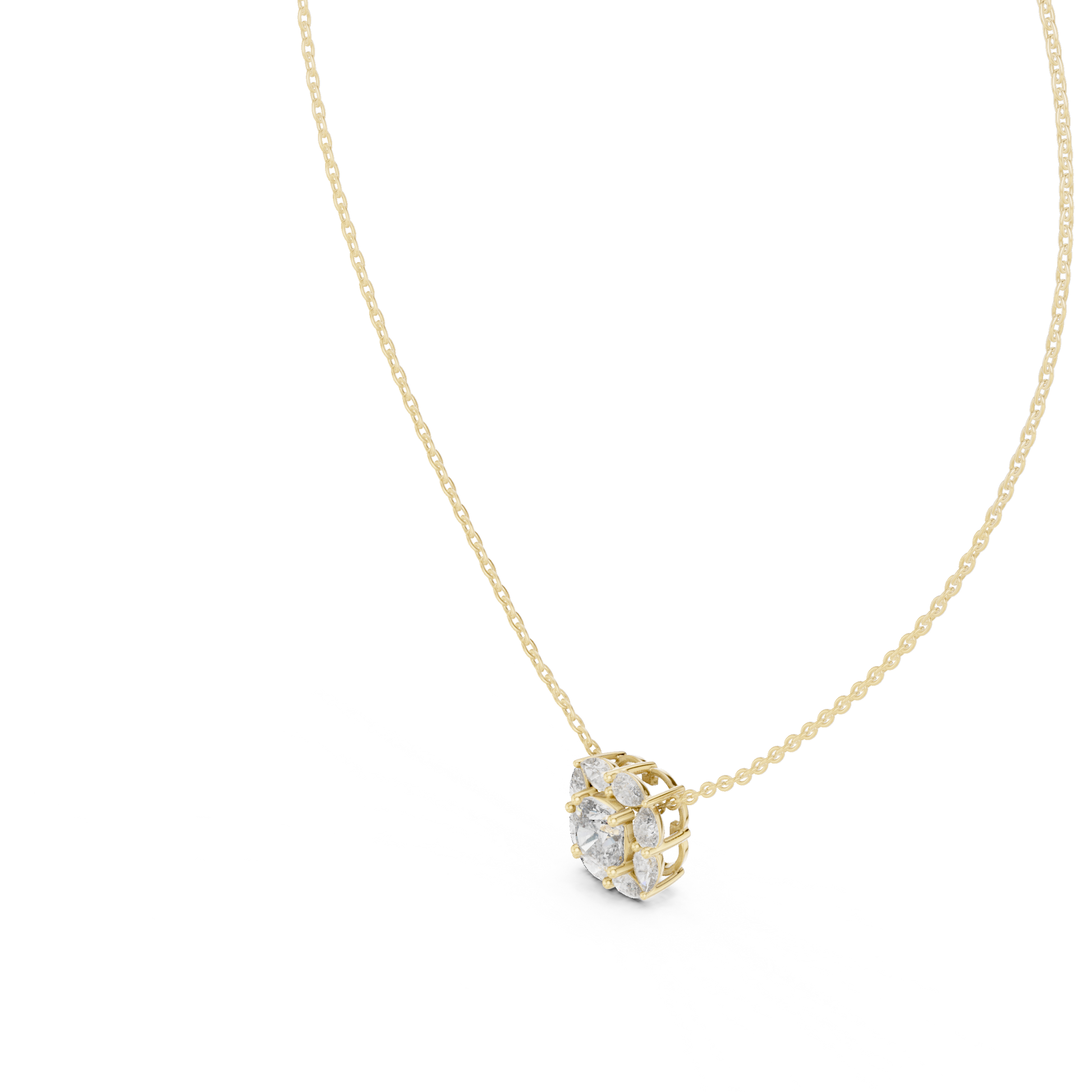 This pendant features a central cushion-cut diamond encircled by a unique mosaic halo of marquise-shaped diamonds