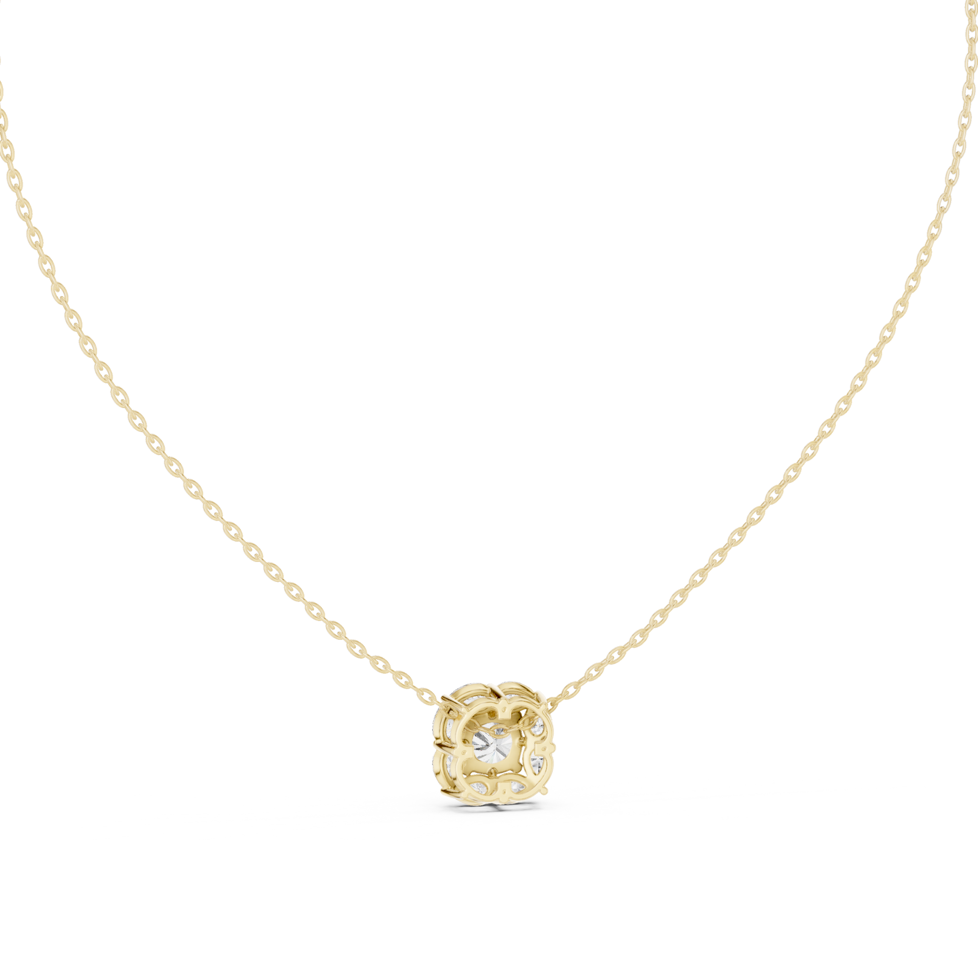 This pendant features a central cushion-cut diamond encircled by a unique mosaic halo of marquise-shaped diamonds
