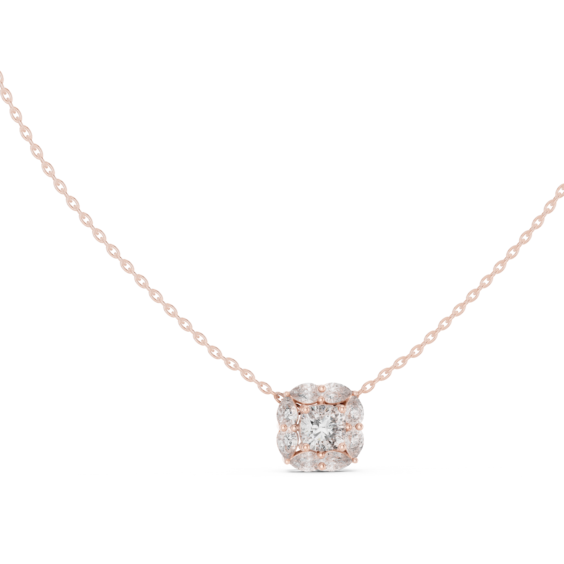 This pendant features a central cushion-cut diamond encircled by a unique mosaic halo of marquise-shaped diamonds