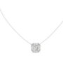 This pendant features a central cushion-cut diamond encircled by a unique mosaic halo of marquise-shaped diamonds