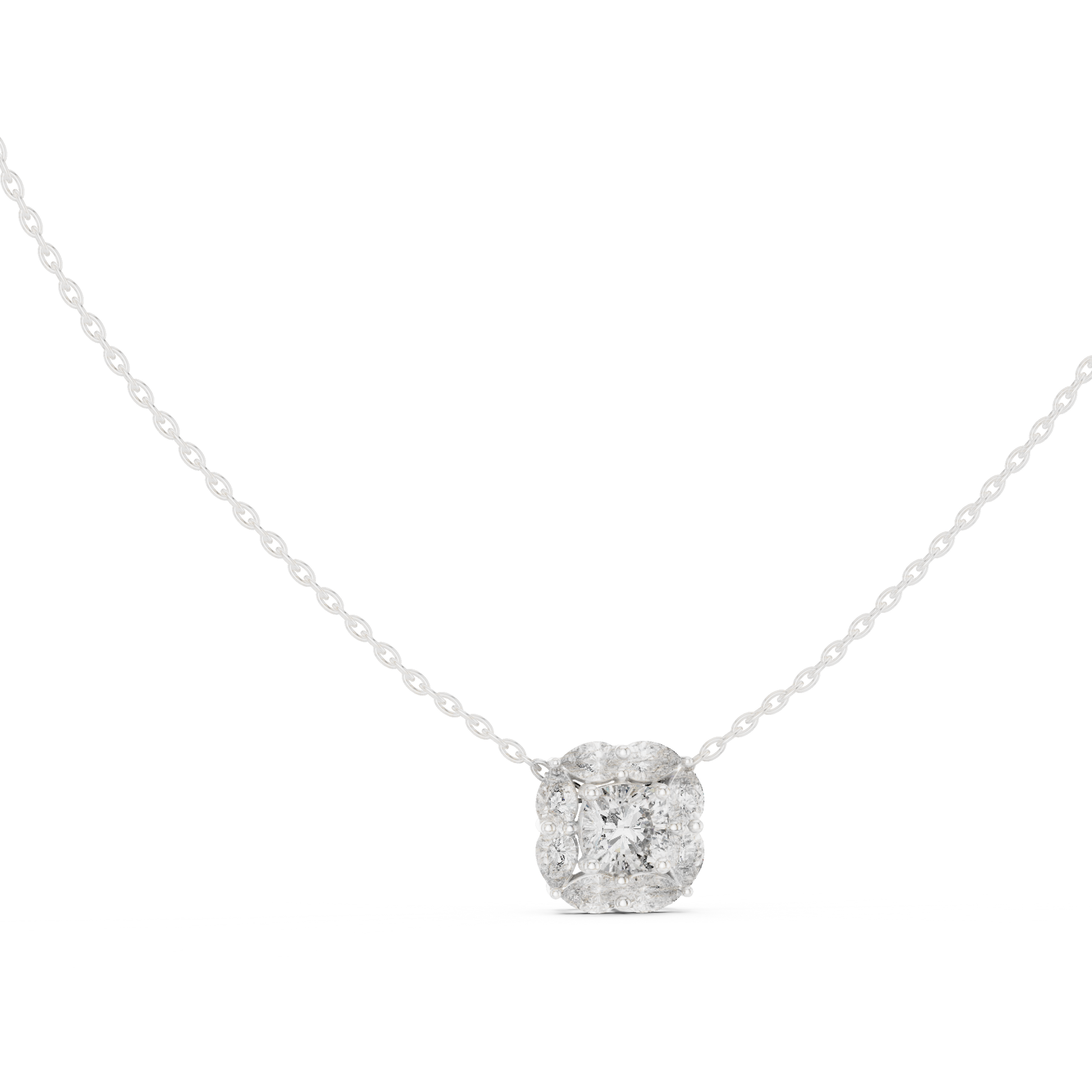 This pendant features a central cushion-cut diamond encircled by a unique mosaic halo of marquise-shaped diamonds