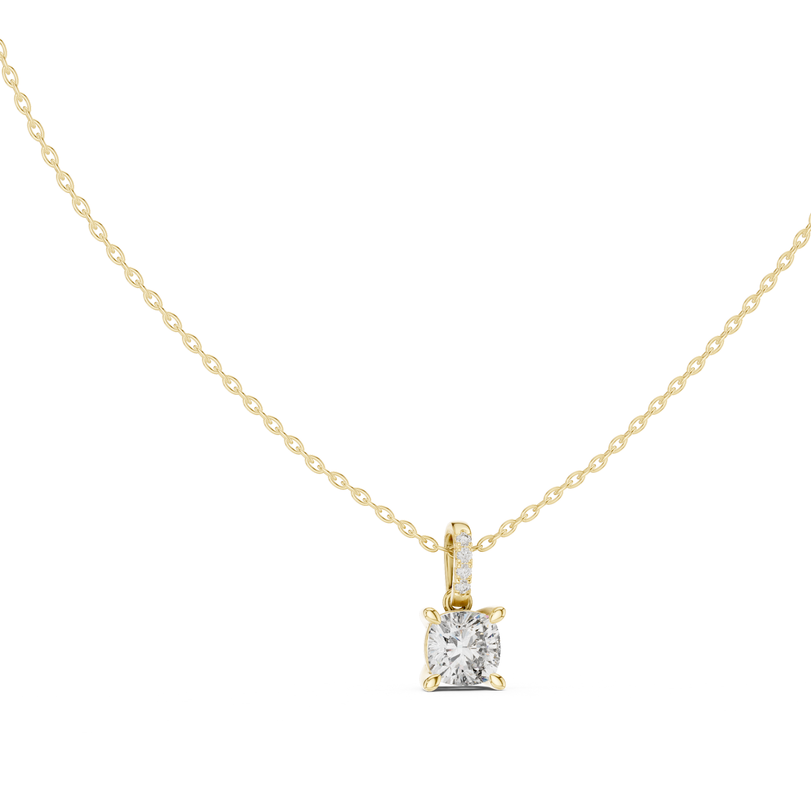Cushion-cut diamond suspended from an elongated bail encrusted with hand-set pavé diamonds