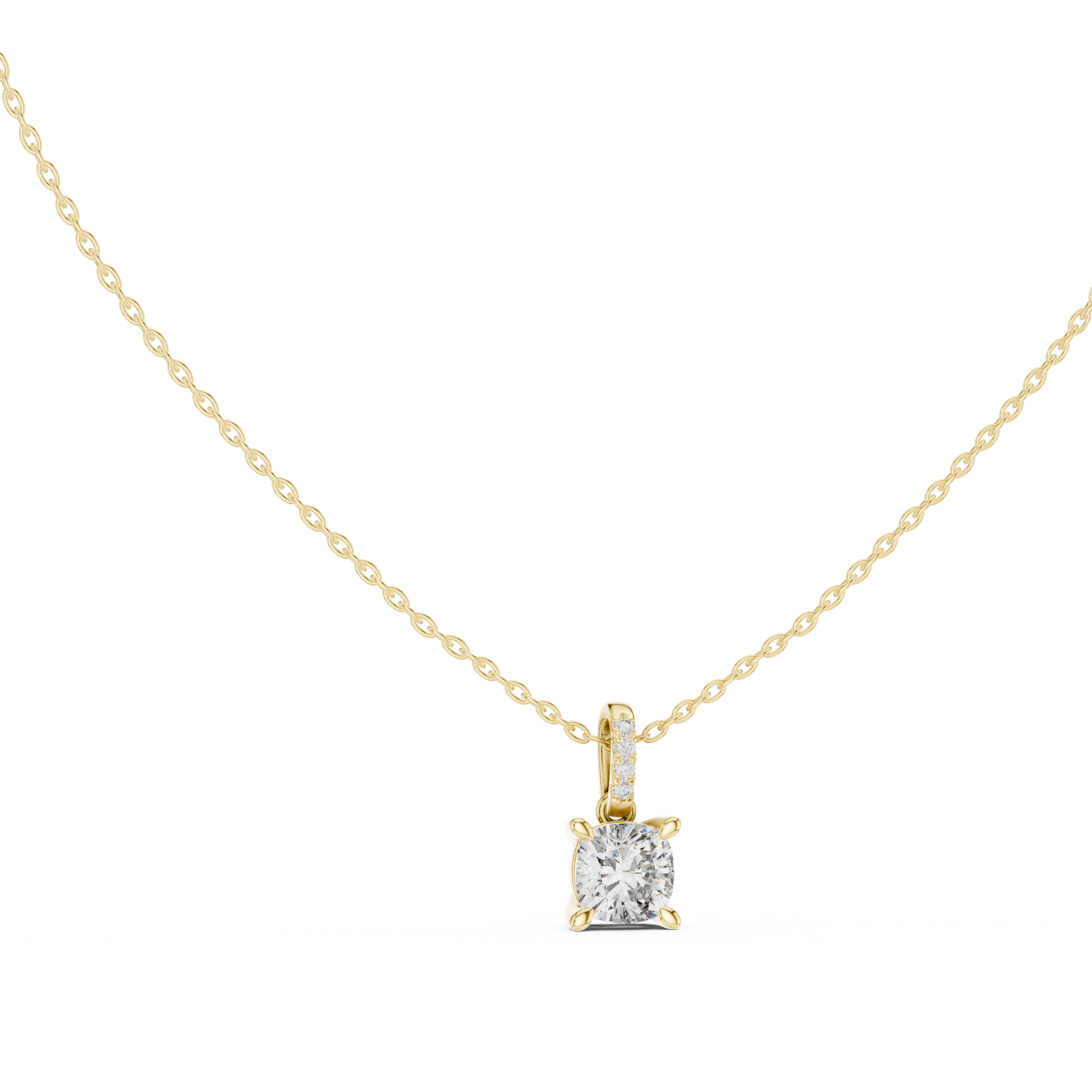 Cushion-cut diamond suspended from an elongated bail encrusted with hand-set pavé diamonds