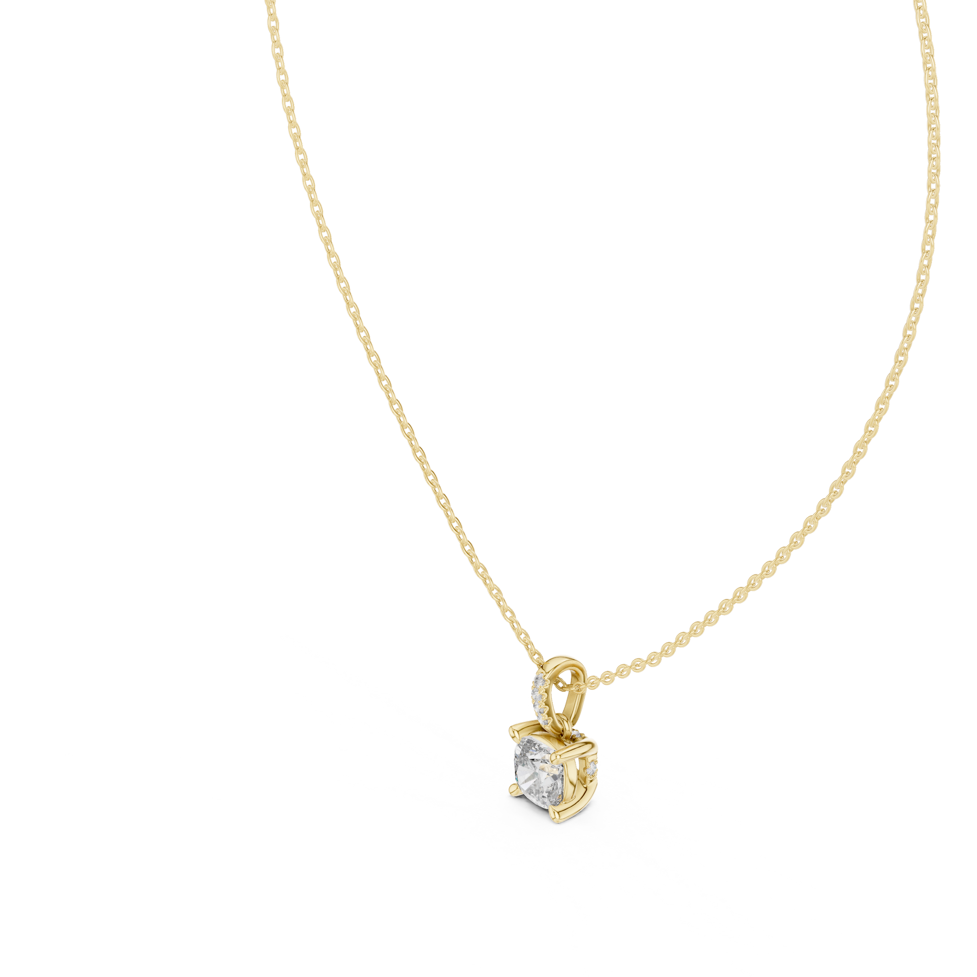 Cushion-cut diamond suspended from an elongated bail encrusted with hand-set pavé diamonds