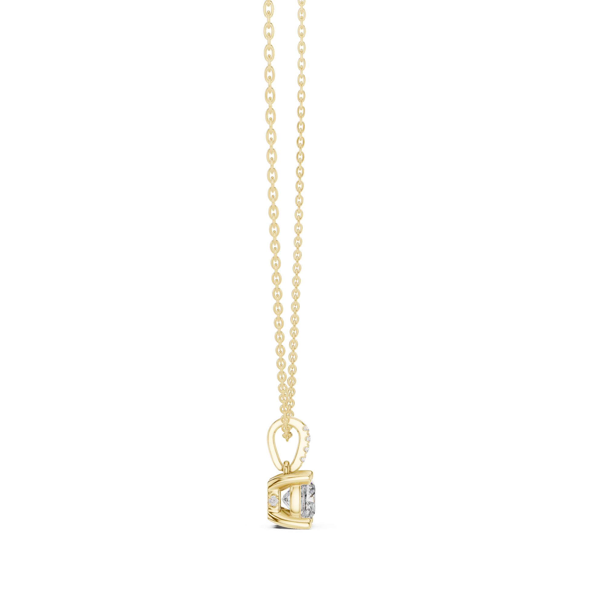 Cushion-cut diamond suspended from an elongated bail encrusted with hand-set pavé diamonds