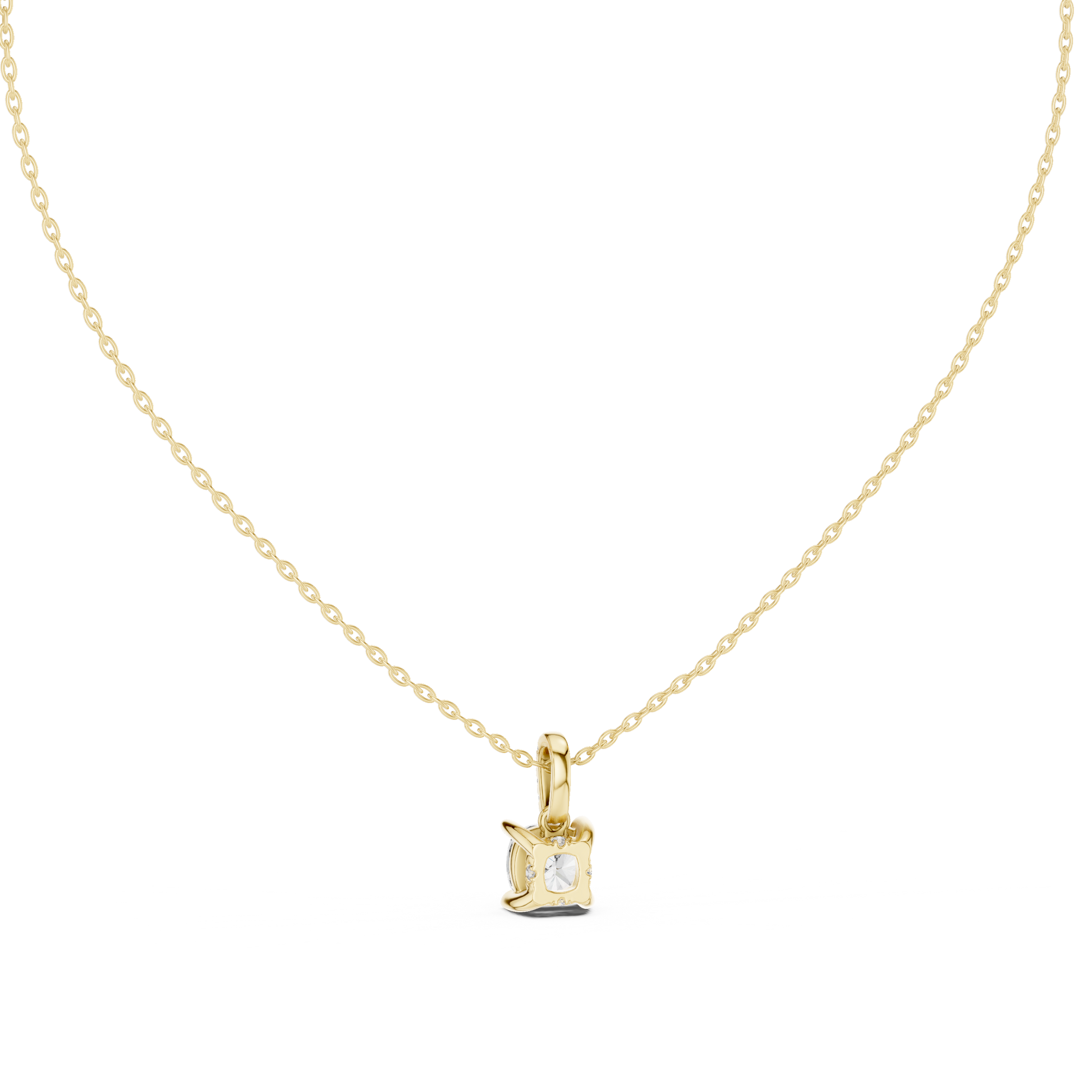 Cushion-cut diamond suspended from an elongated bail encrusted with hand-set pavé diamonds