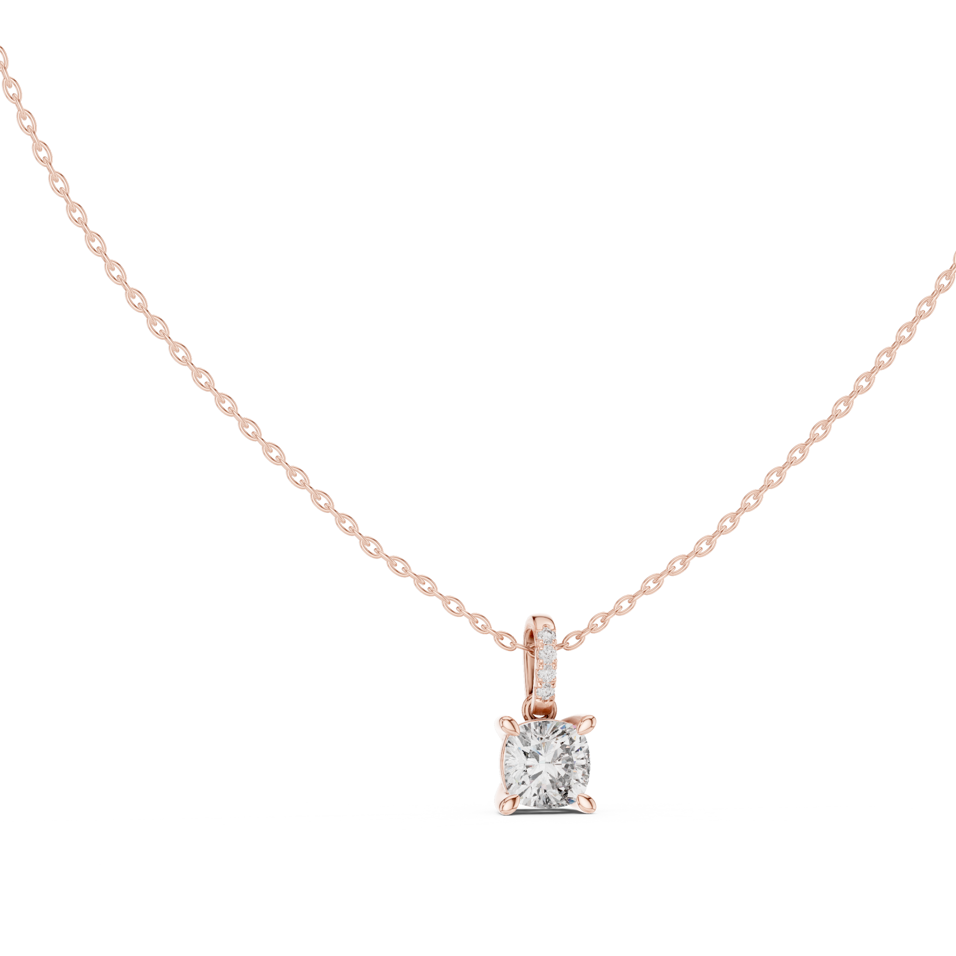 Cushion-cut diamond suspended from an elongated bail encrusted with hand-set pavé diamonds