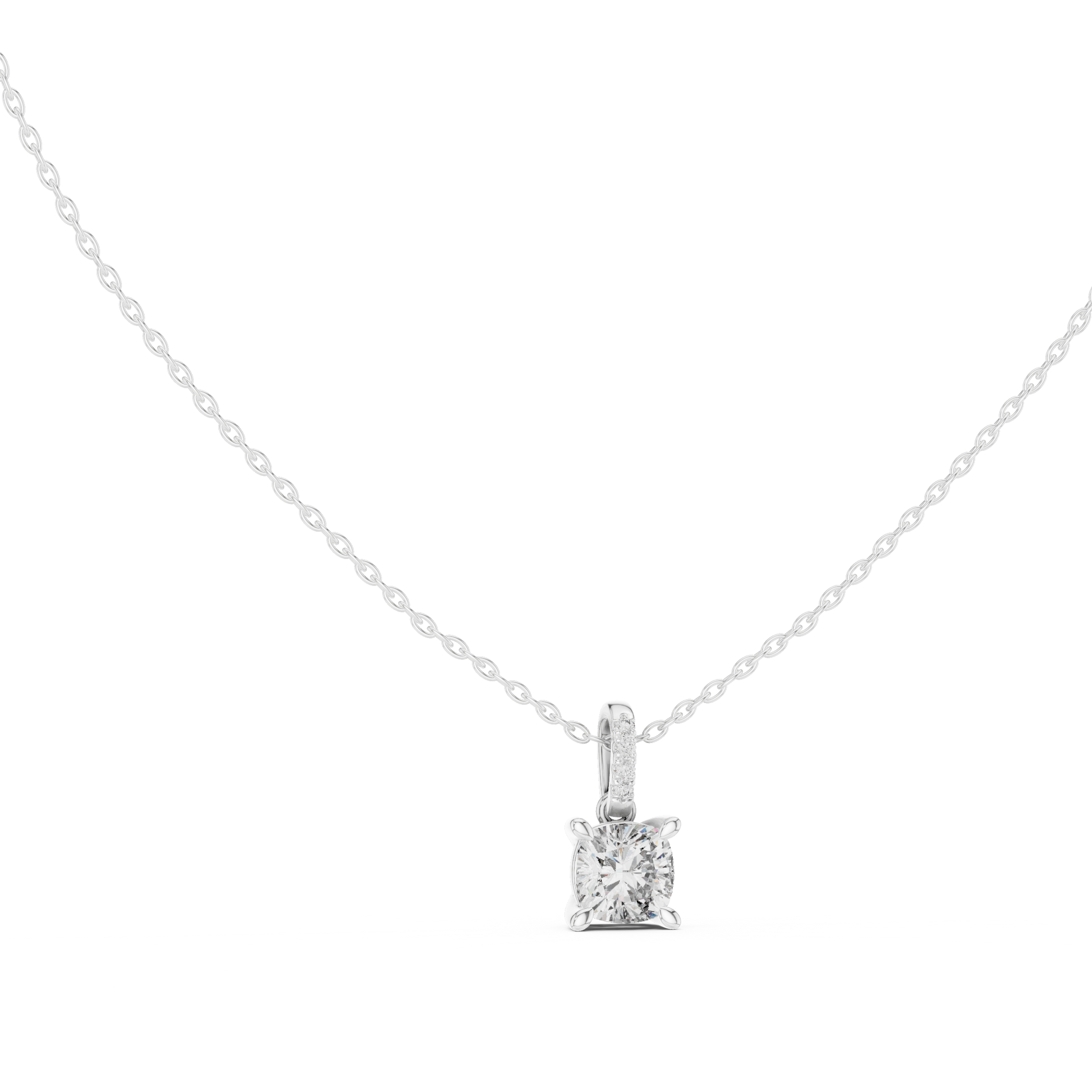 Cushion-cut diamond suspended from an elongated bail encrusted with hand-set pavé diamonds