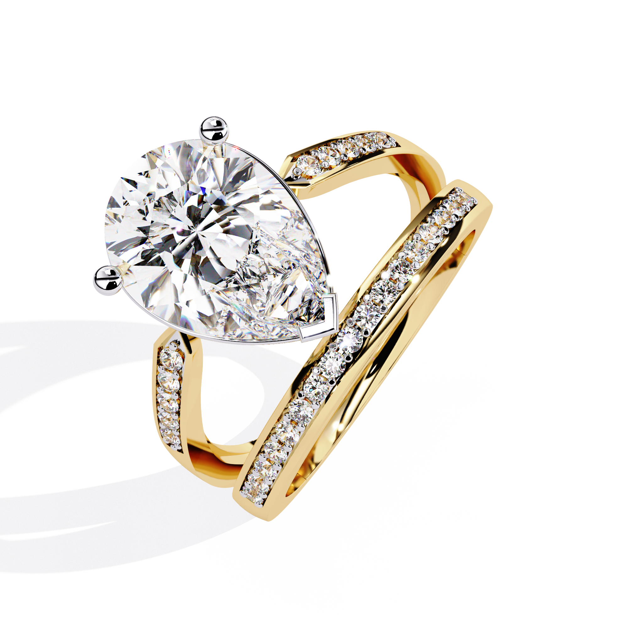 ring features a commanding Pear solitaire framed by two distinct architectural bands one linear and one curved both encrusted with Pavé diamonds
