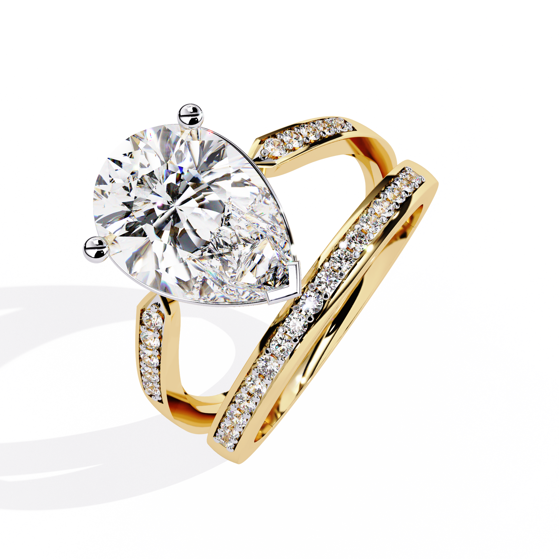 ring features a commanding Pear solitaire framed by two distinct architectural bands one linear and one curved both encrusted with Pavé diamonds