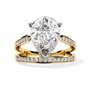ring features a commanding Pear solitaire framed by two distinct architectural bands one linear and one curved both encrusted with Pavé diamonds