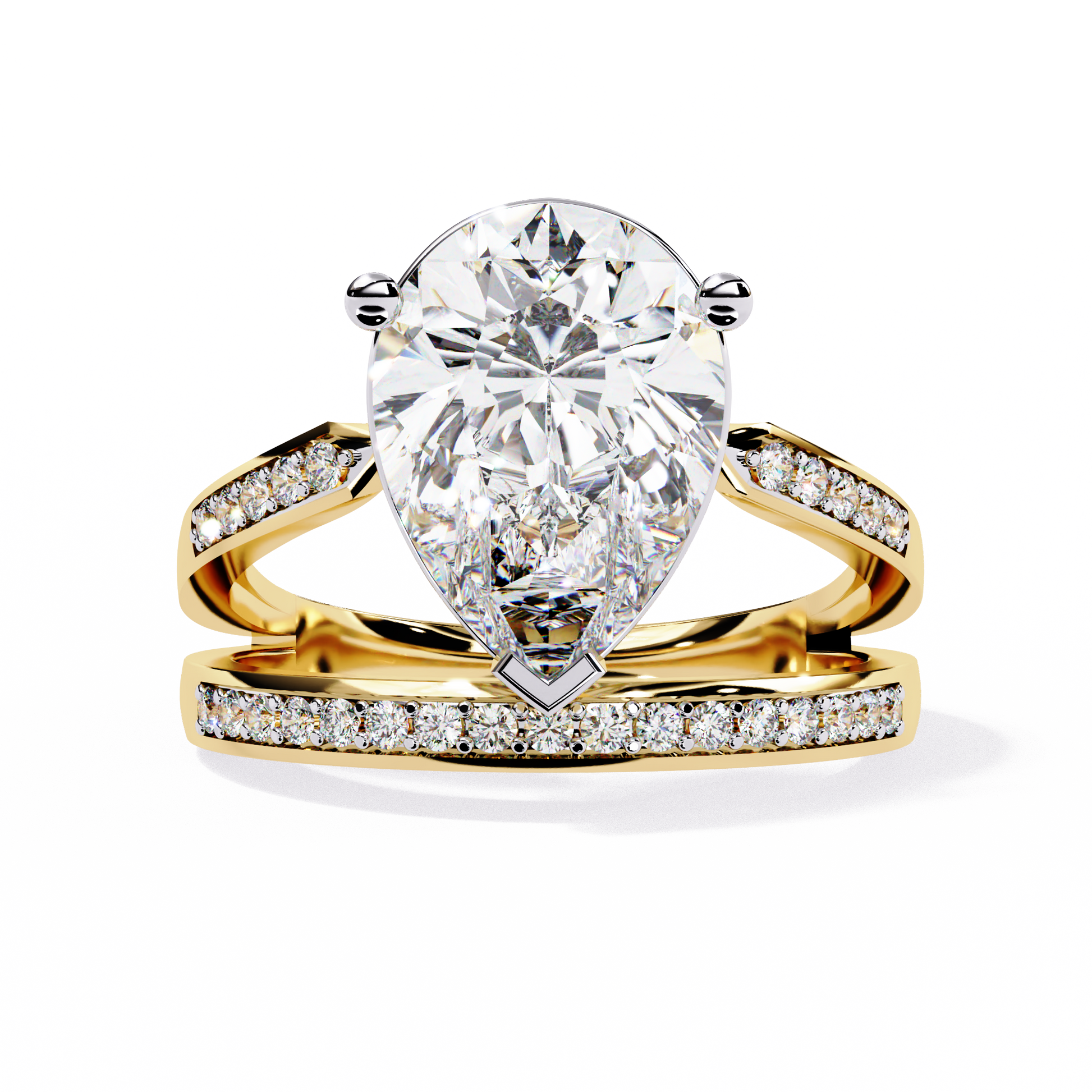 ring features a commanding Pear solitaire framed by two distinct architectural bands one linear and one curved both encrusted with Pavé diamonds