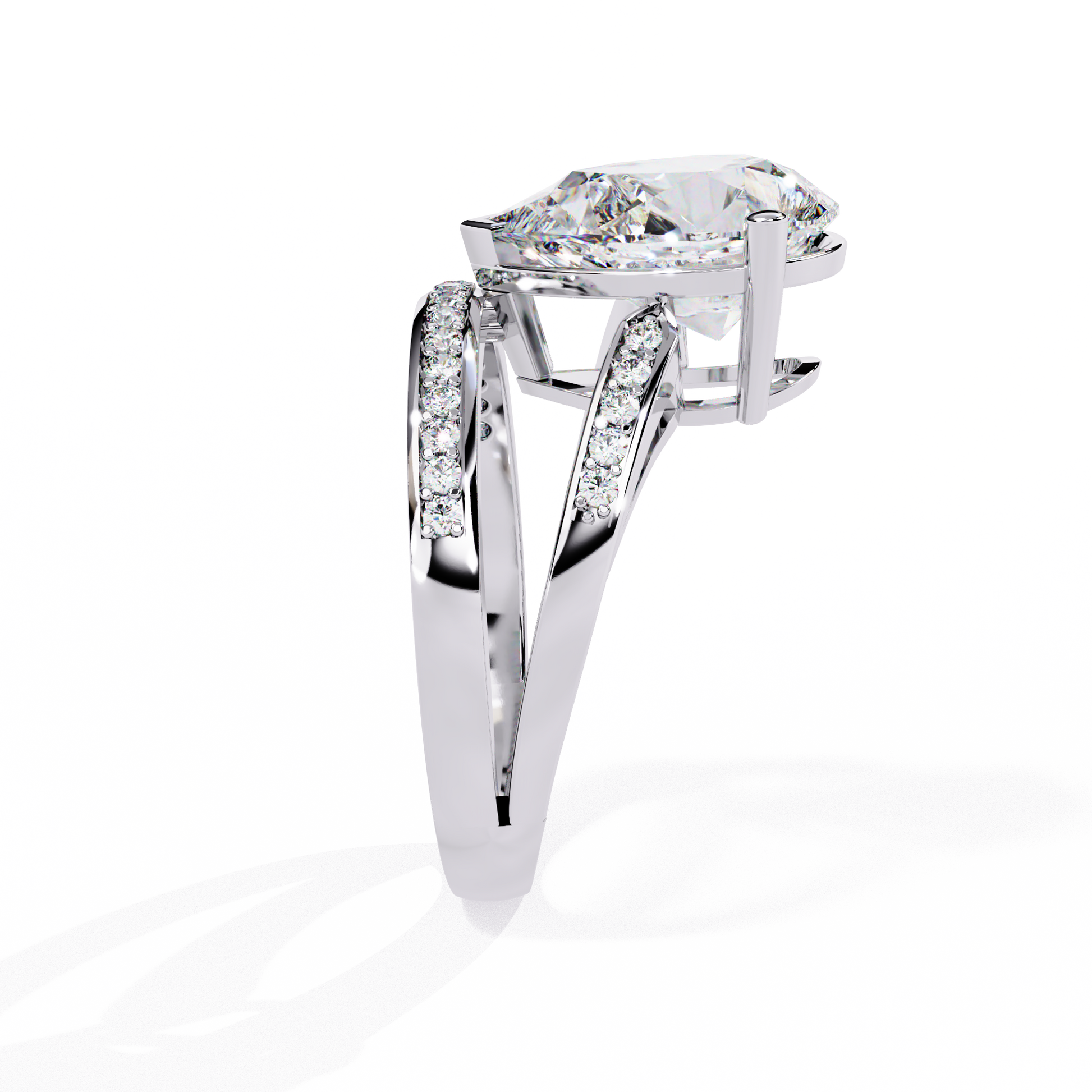 ring features a commanding Pear solitaire framed by two distinct architectural bands one linear and one curved both encrusted with Pavé diamonds