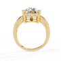 ring features a commanding Pear solitaire framed by two distinct architectural bands one linear and one curved both encrusted with Pavé diamonds