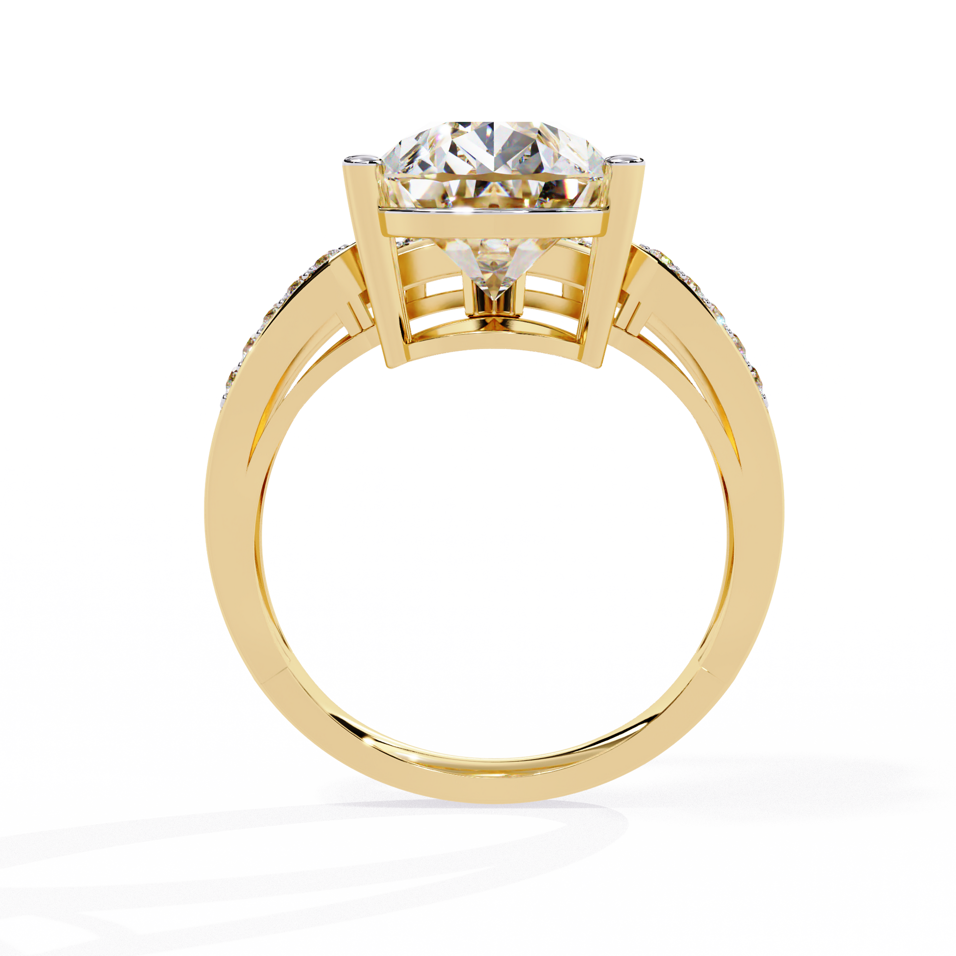 ring features a commanding Pear solitaire framed by two distinct architectural bands one linear and one curved both encrusted with Pavé diamonds