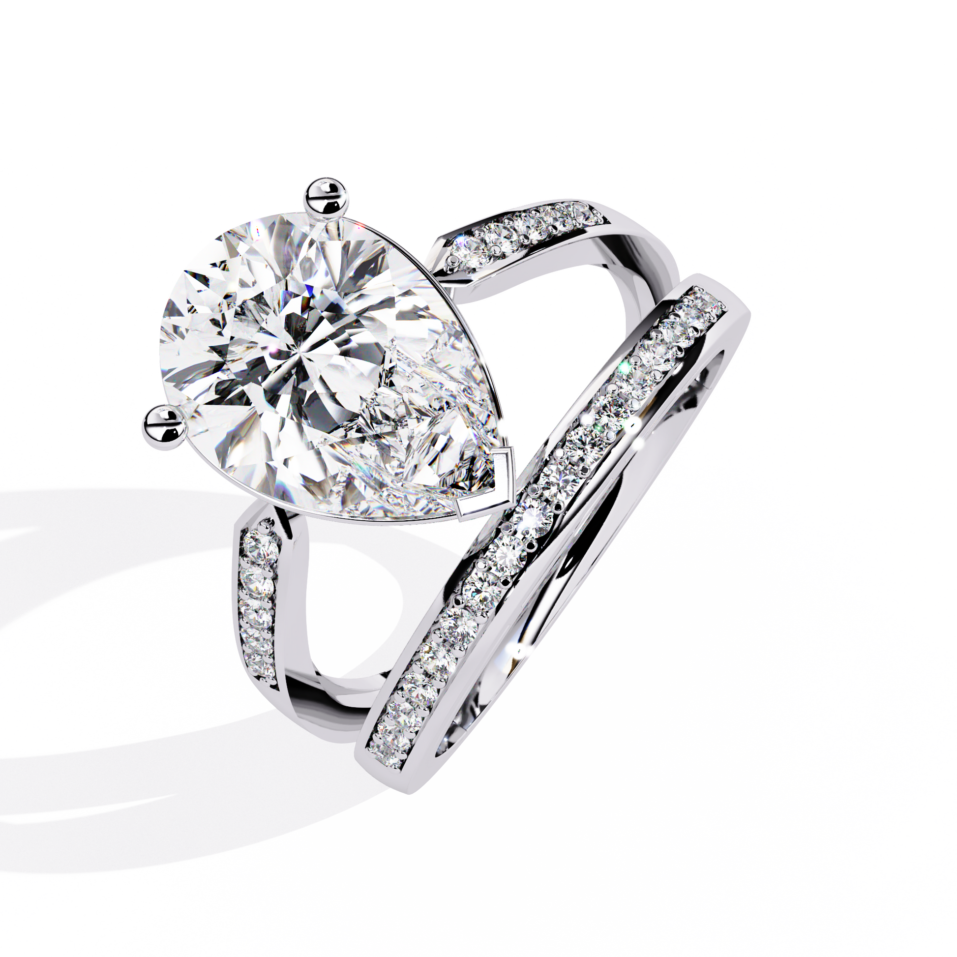 ring features a commanding Pear solitaire framed by two distinct architectural bands one linear and one curved both encrusted with Pavé diamonds
