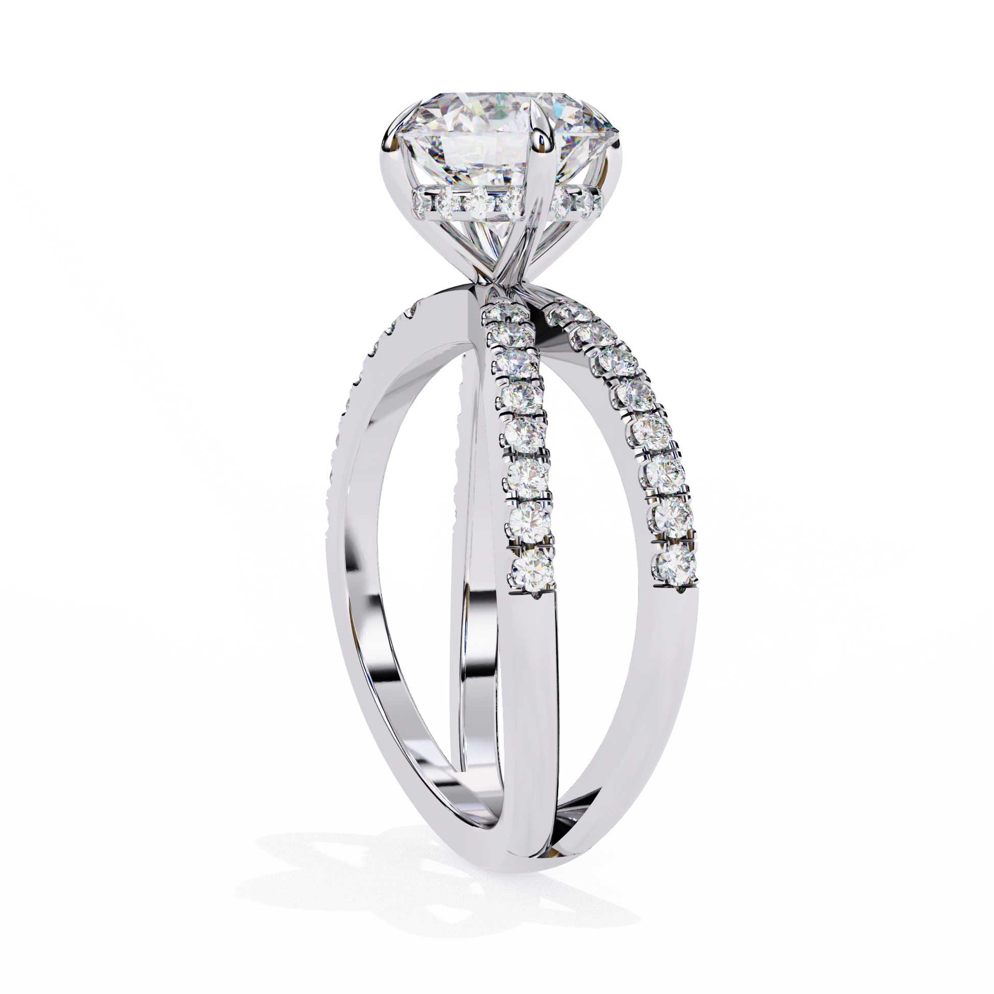 ring features a Round Brilliant solitaire supported by a sophisticated double band encrusted with Pavé diamonds