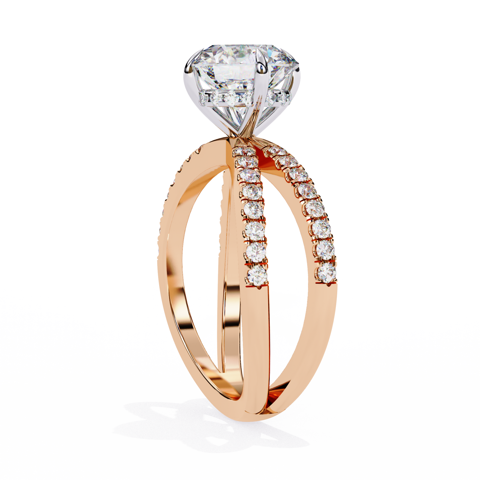 ring features a Round Brilliant solitaire supported by a sophisticated double band encrusted with Pavé diamonds