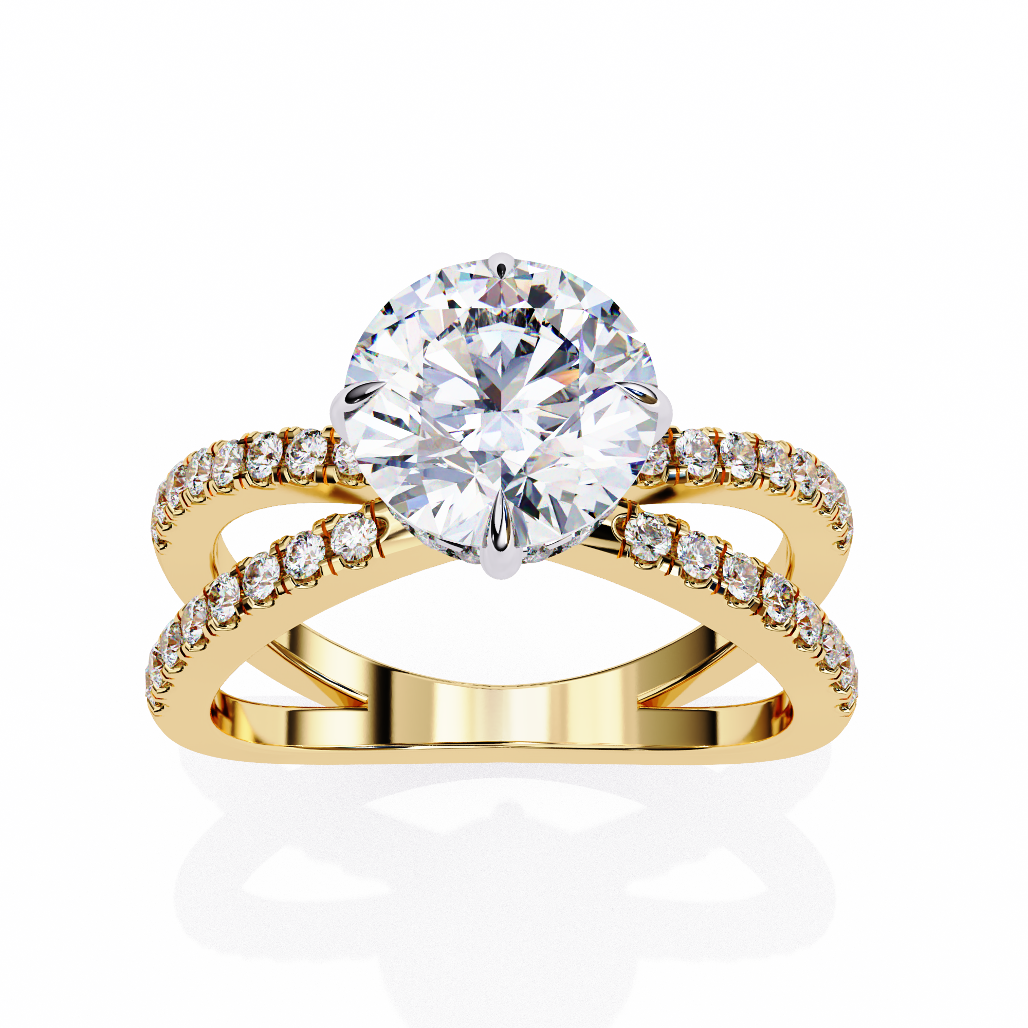 ring features a Round Brilliant solitaire supported by a sophisticated double band encrusted with Pavé diamonds