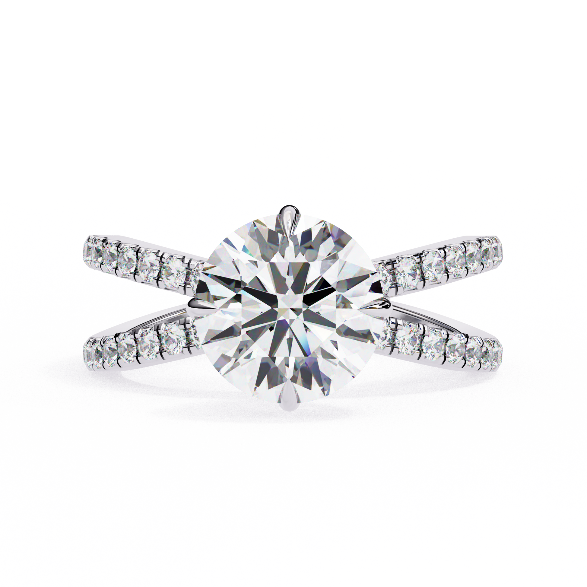 ring features a Round Brilliant solitaire supported by a sophisticated double band encrusted with Pavé diamonds