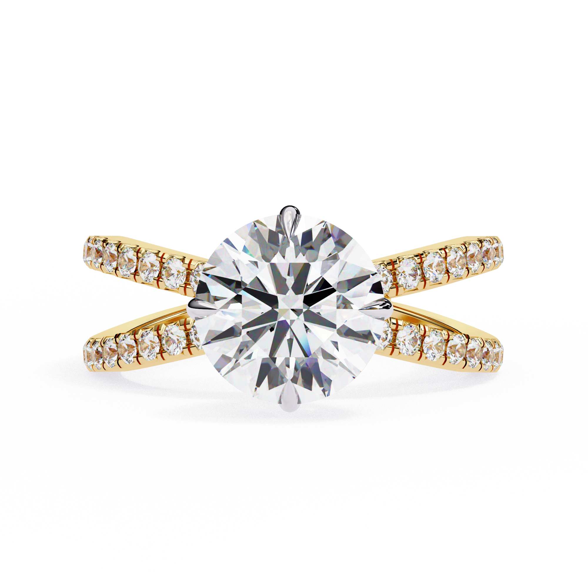 ring features a Round Brilliant solitaire supported by a sophisticated double band encrusted with Pavé diamonds