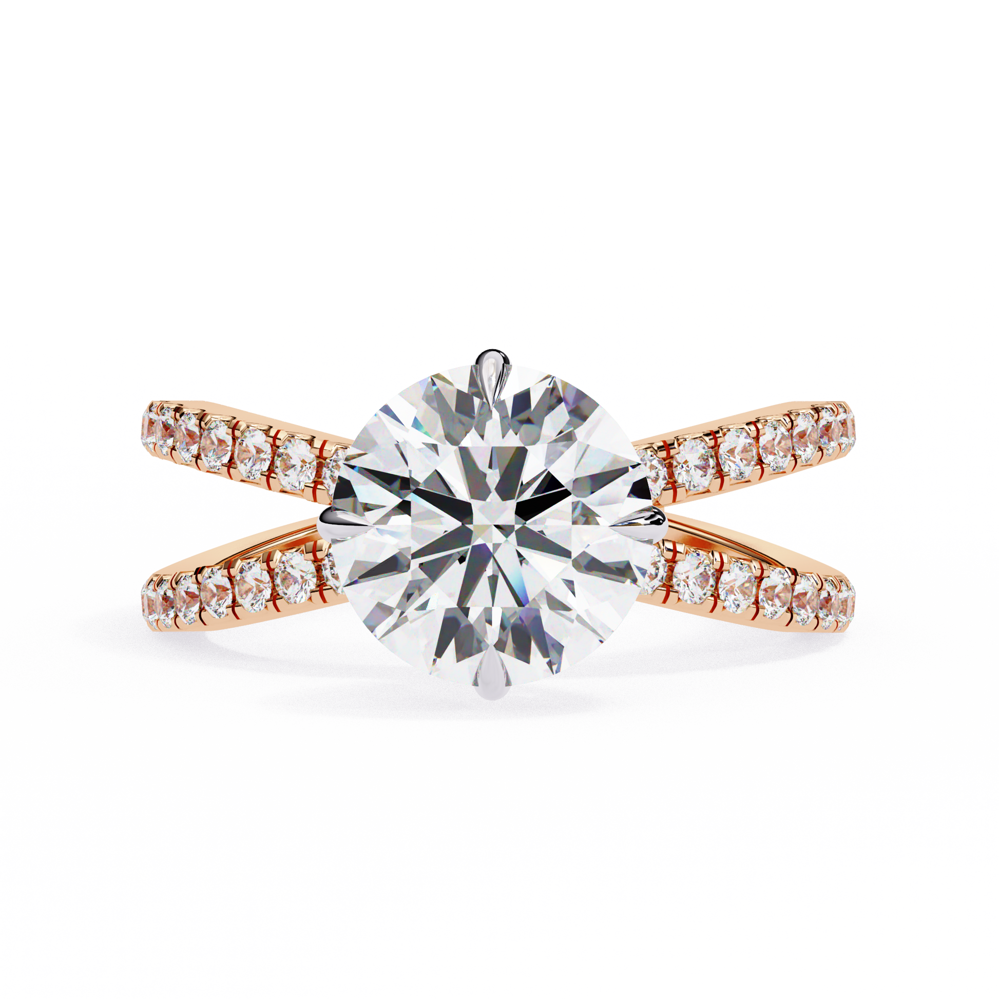 ring features a Round Brilliant solitaire supported by a sophisticated double band encrusted with Pavé diamonds