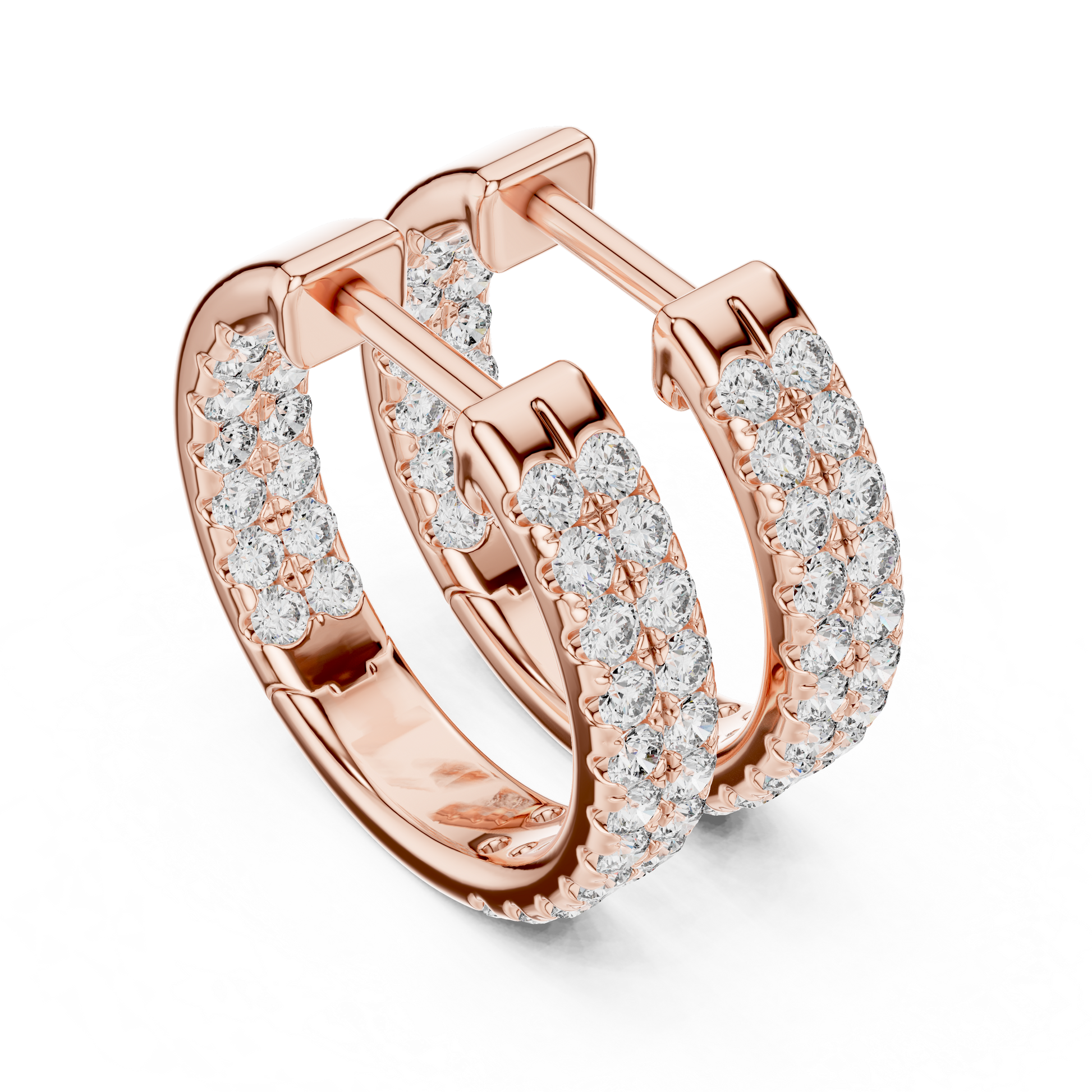 Rose gold hoop earrings with diamond accents on a white background