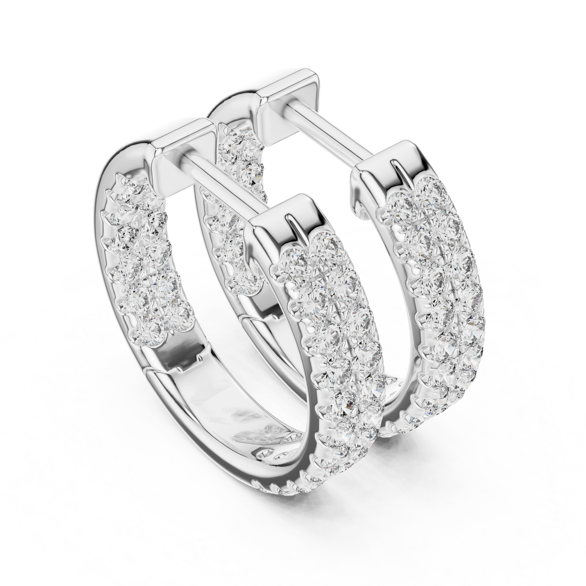 Silver hoop earrings with diamond accents on a white background