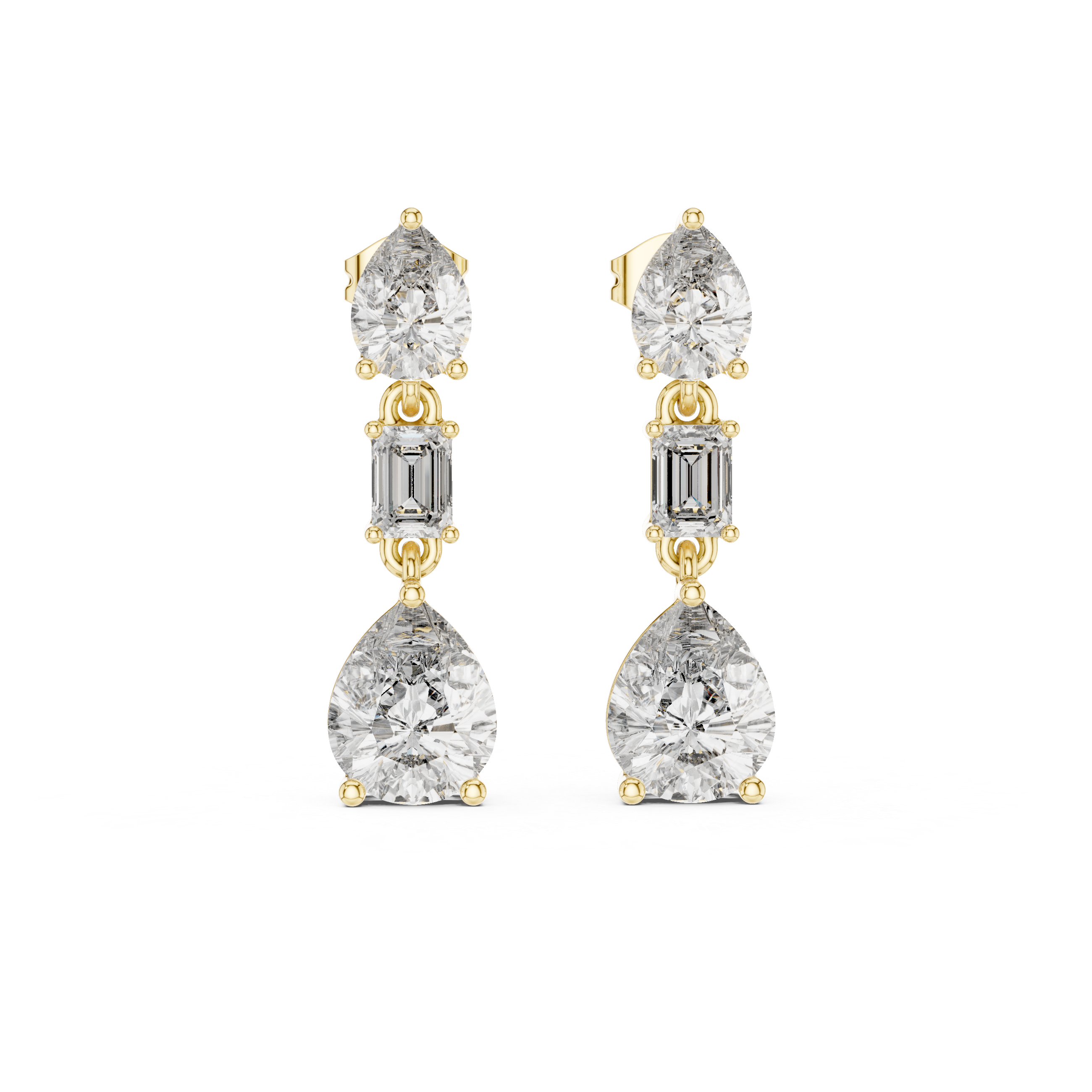 Gold and diamond earrings on a white background