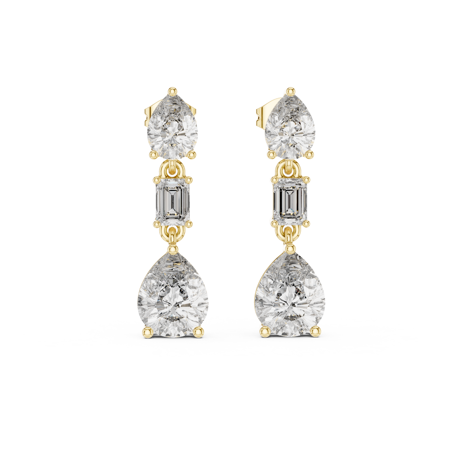 Gold and diamond earrings on a white background