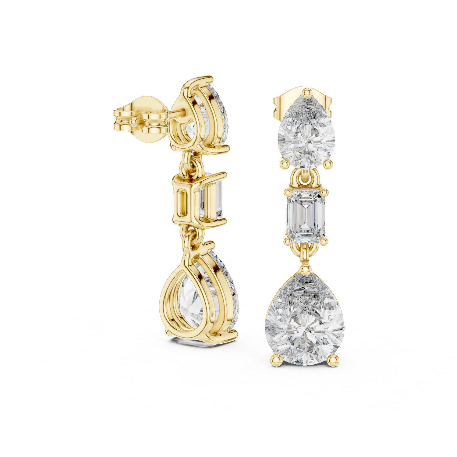 Gold and diamond earrings on a white background