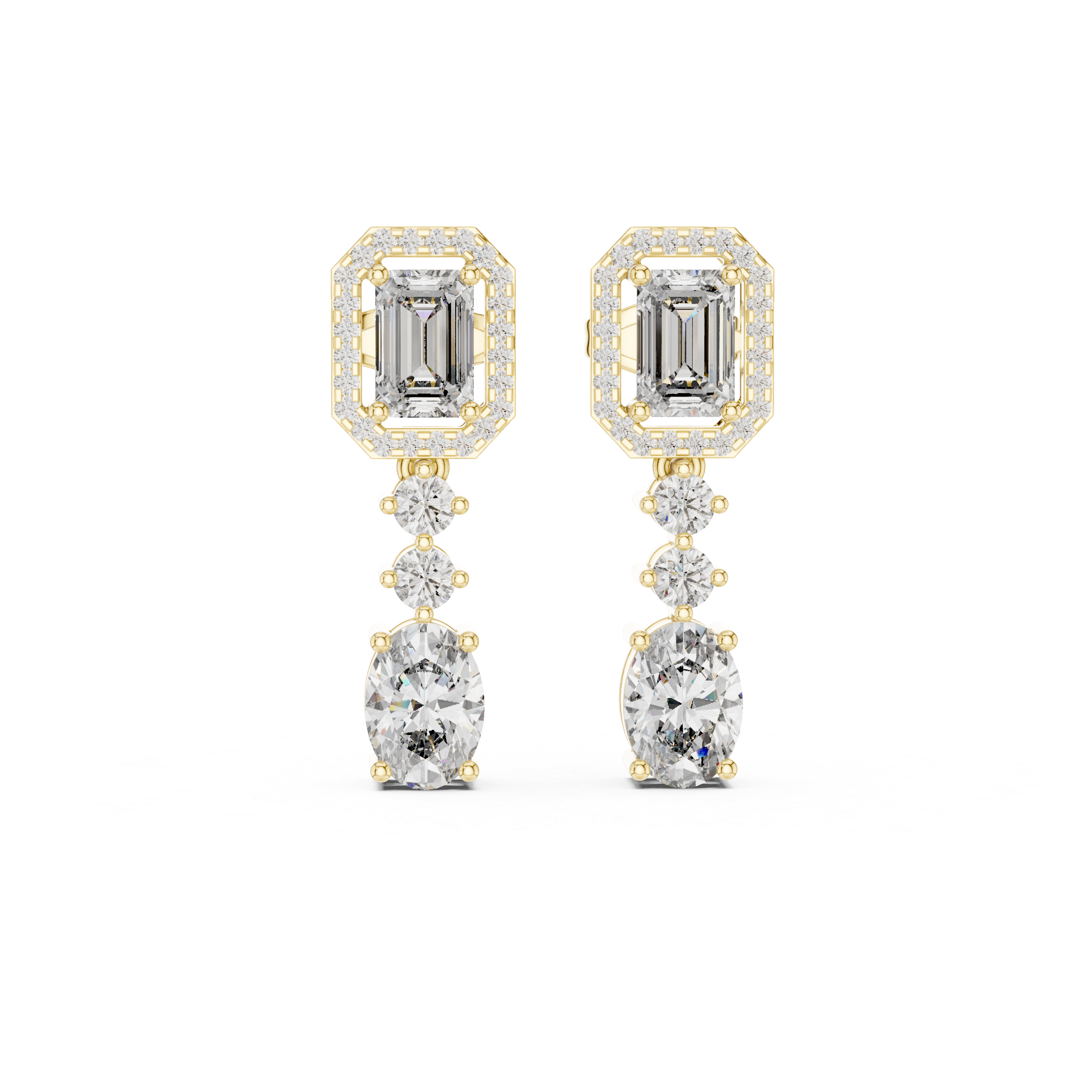 Pair of diamond earrings with gold and silver accents on a white background