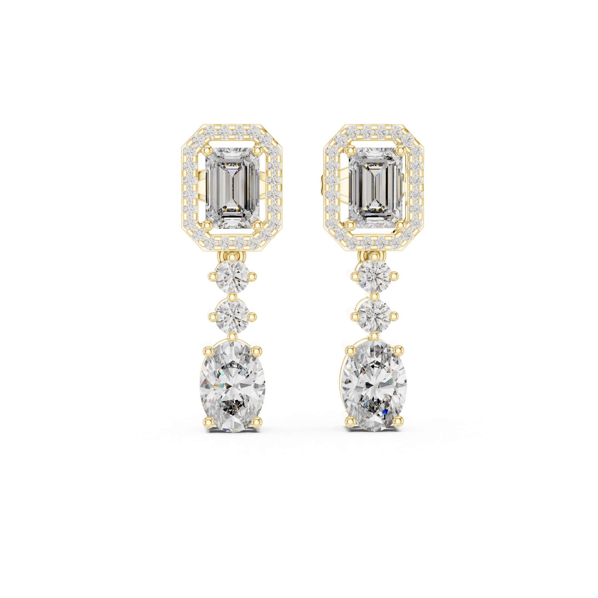 Pair of diamond earrings with gold and silver accents on a white background