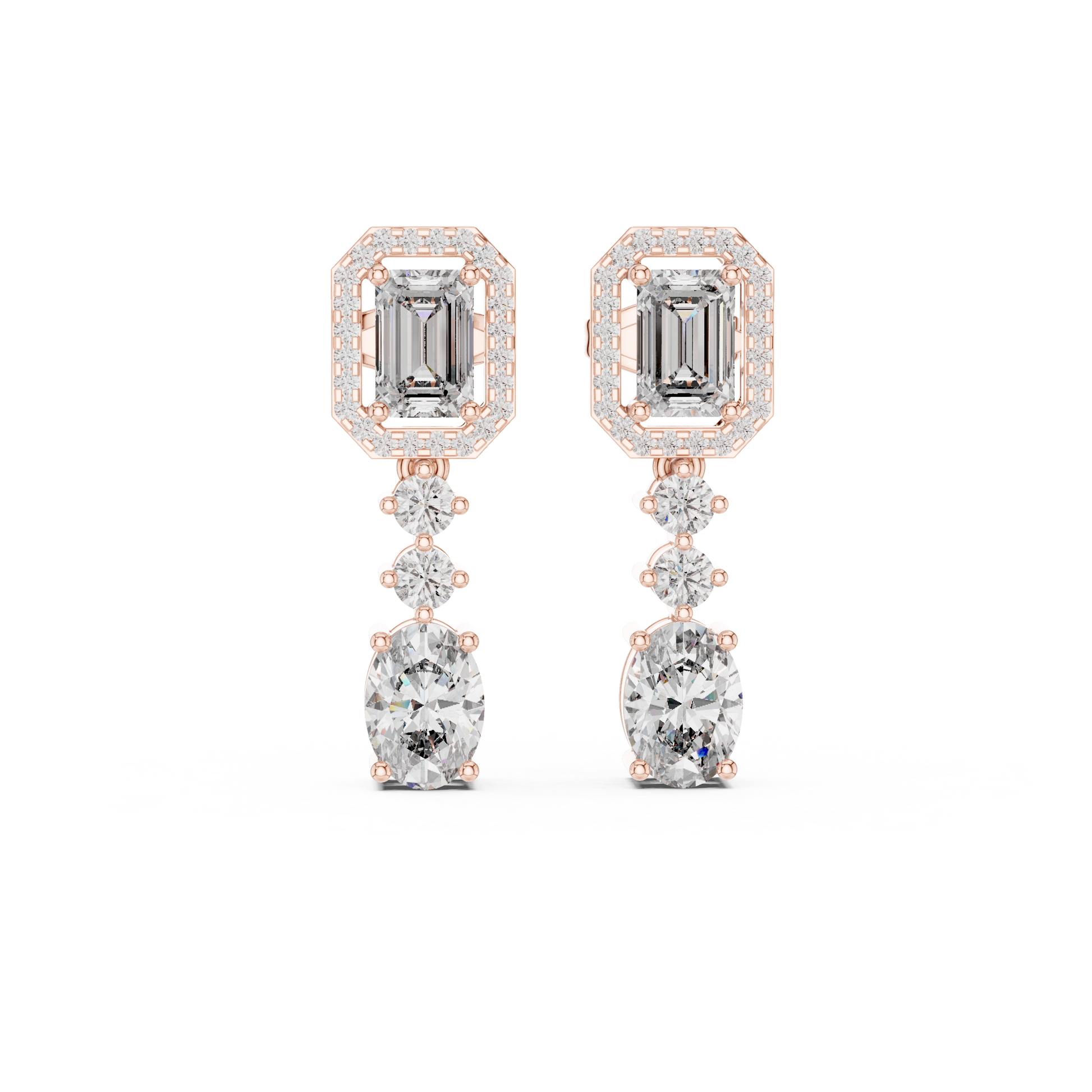 Pair of diamond earrings with rose gold accents on a white background