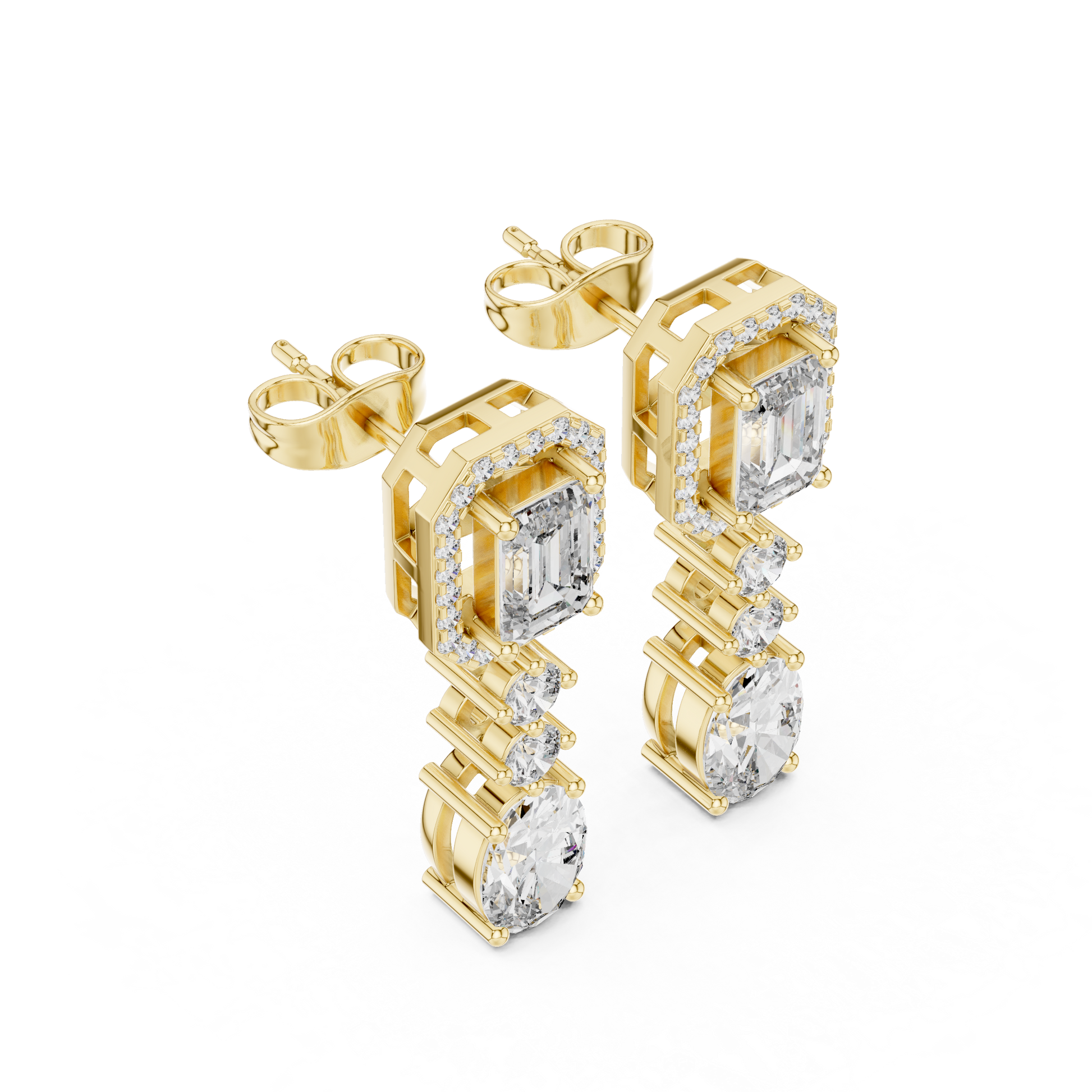 Gold earrings with diamonds on a white background