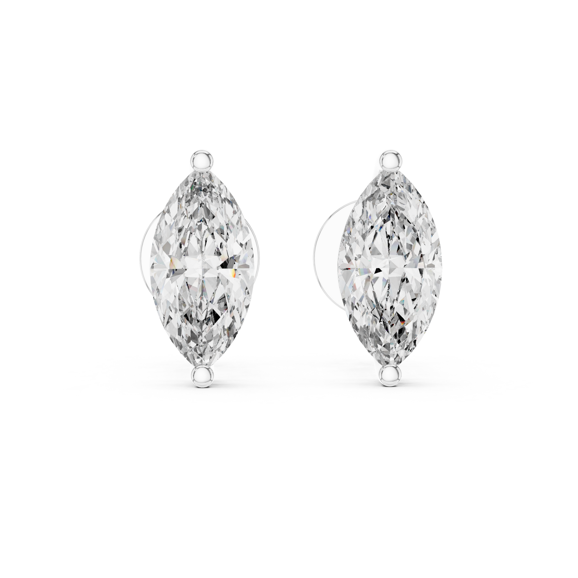Pair of marquise-shaped diamond earrings with gold accents on a white background