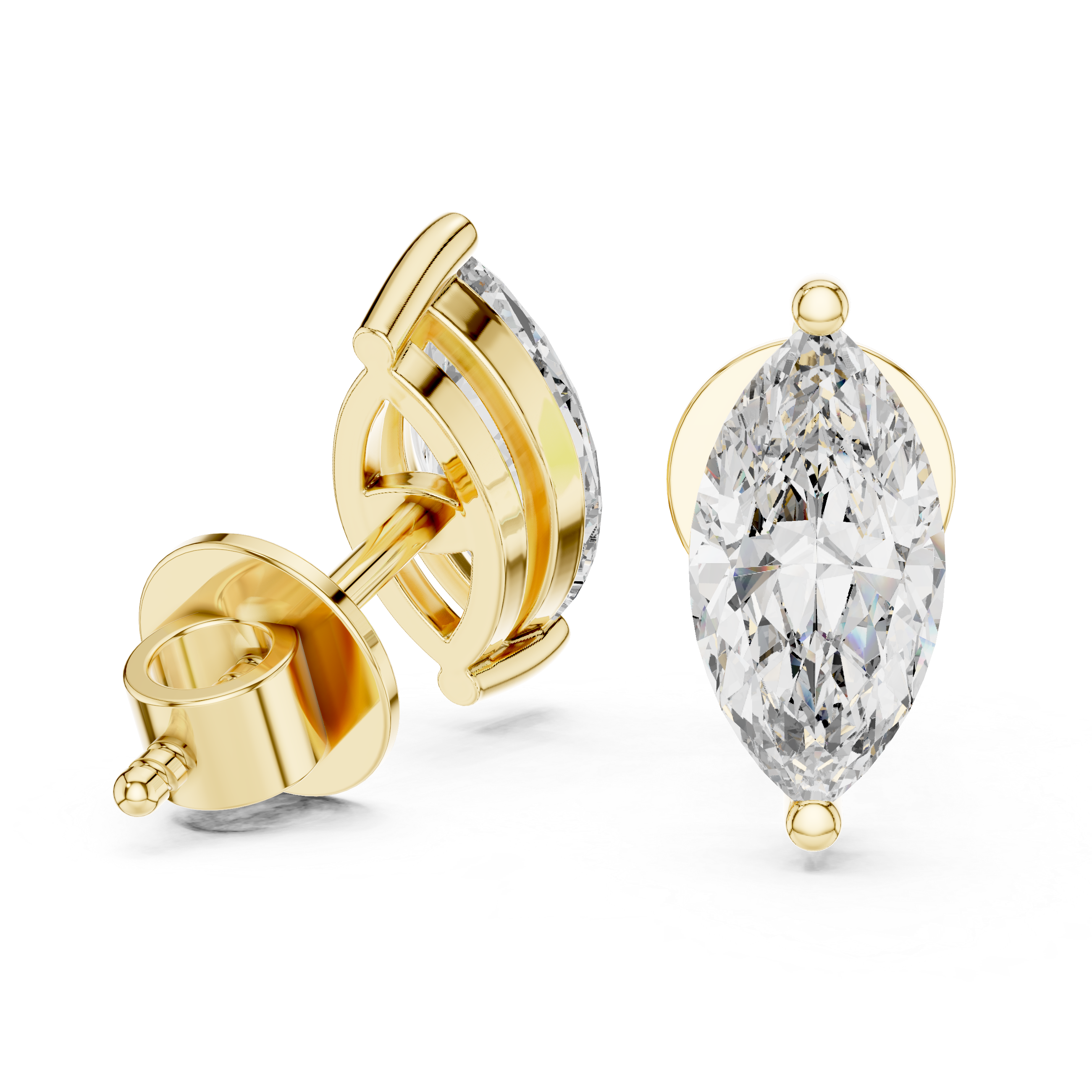 Pair of marquise-shaped diamond earrings with gold accents on a white background