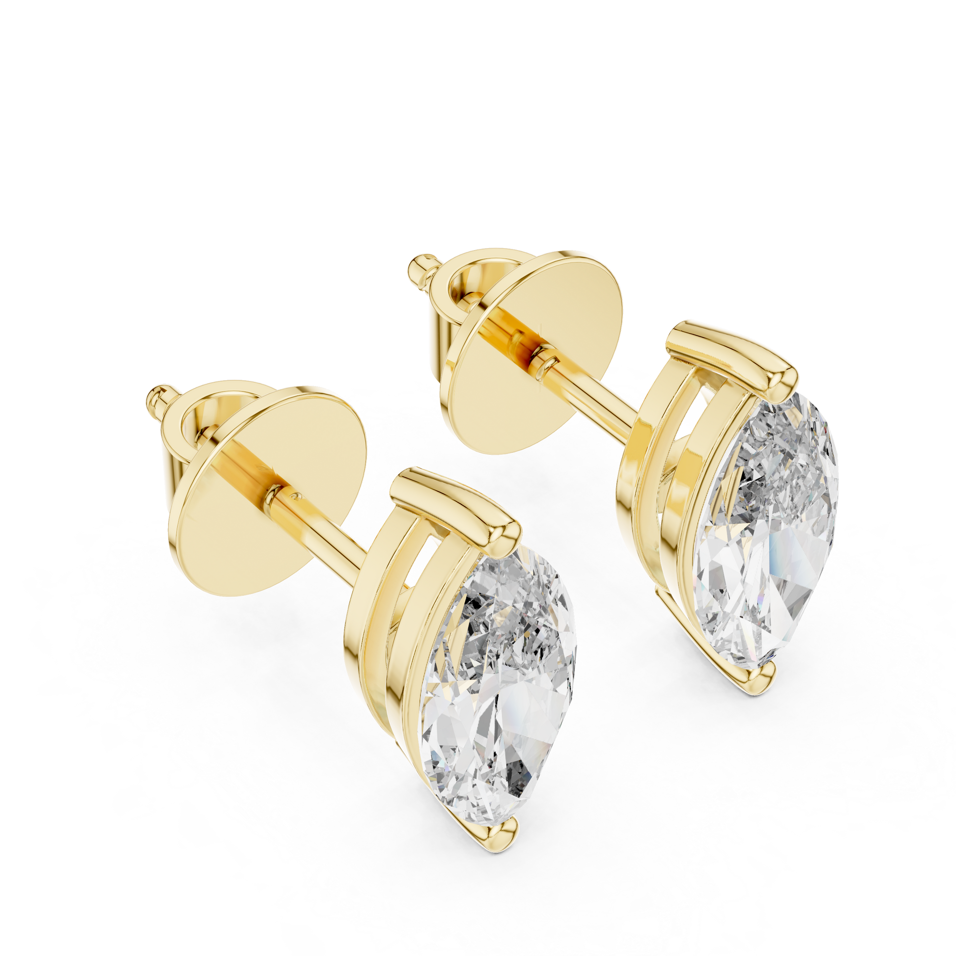 Pair of marquise-shaped diamond earrings with gold accents on a white background