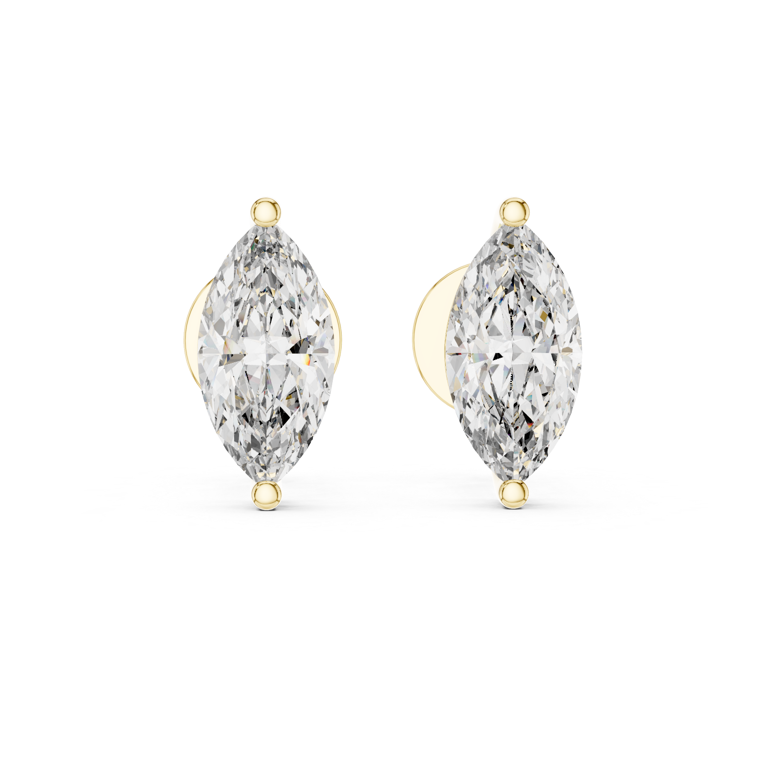 Pair of marquise-shaped diamond earrings with gold accents on a white background