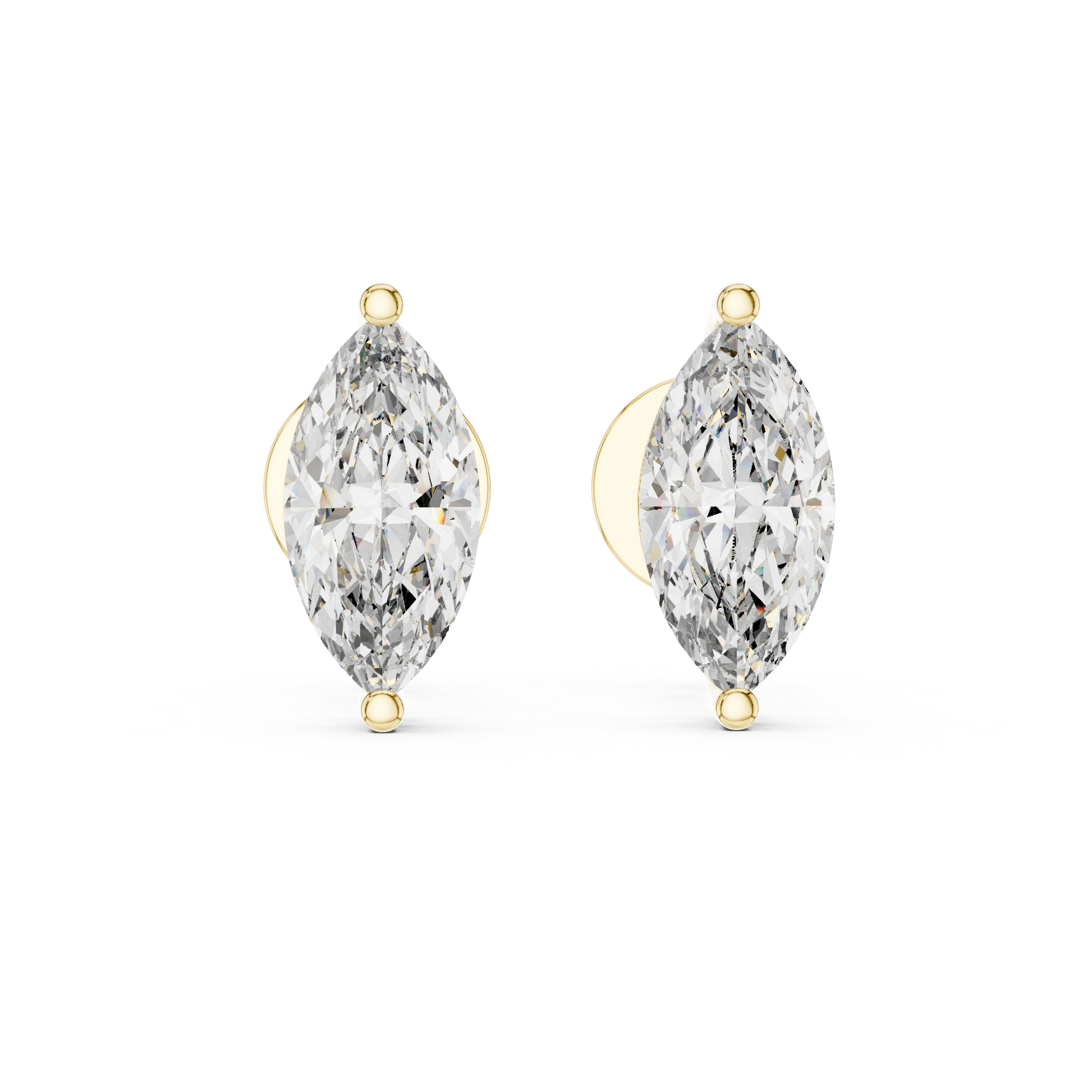 Pair of marquise-shaped diamond earrings with gold accents on a white background