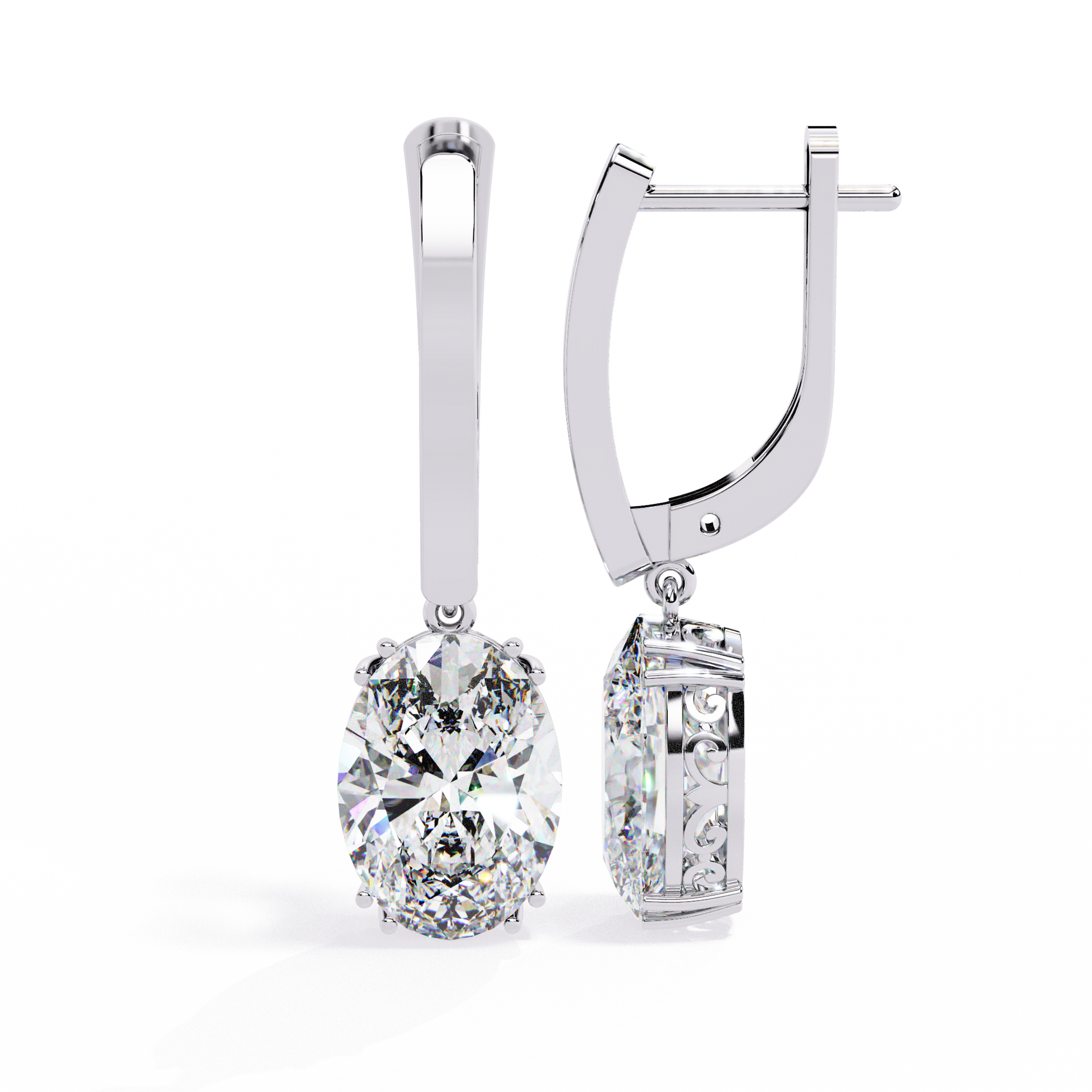 Silver earrings with diamonds on a white background
