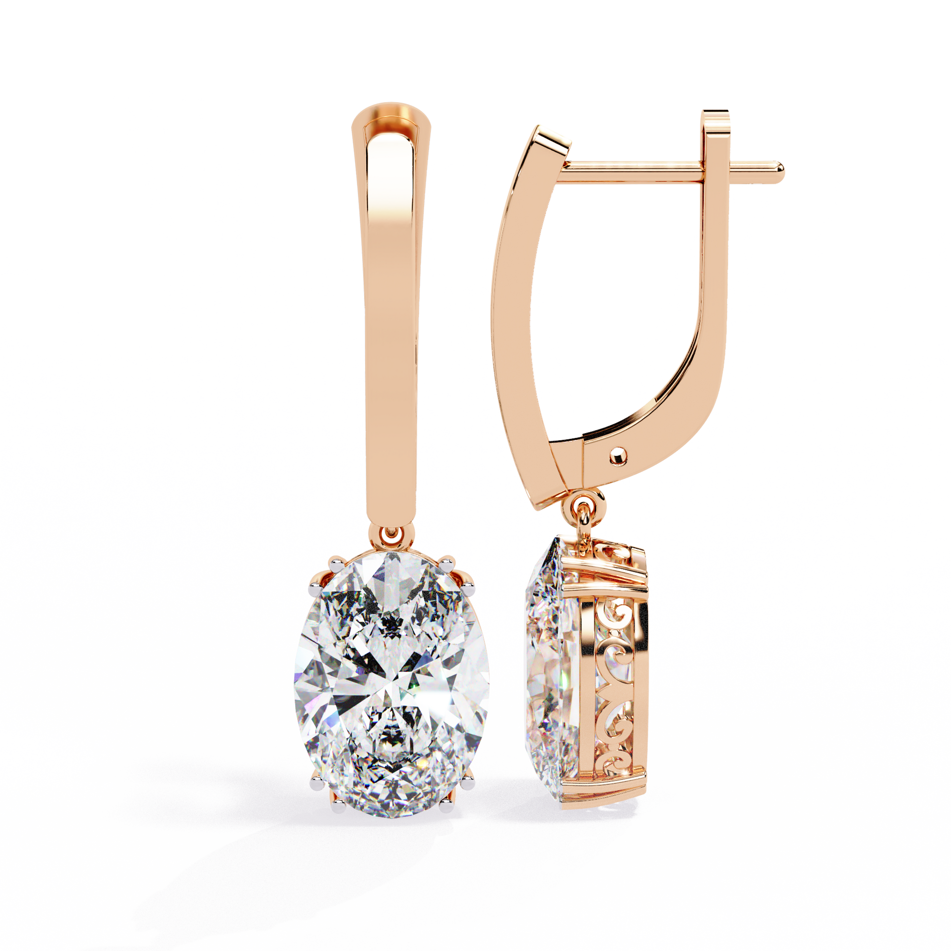 Rose Gold earrings with diamonds on a white background