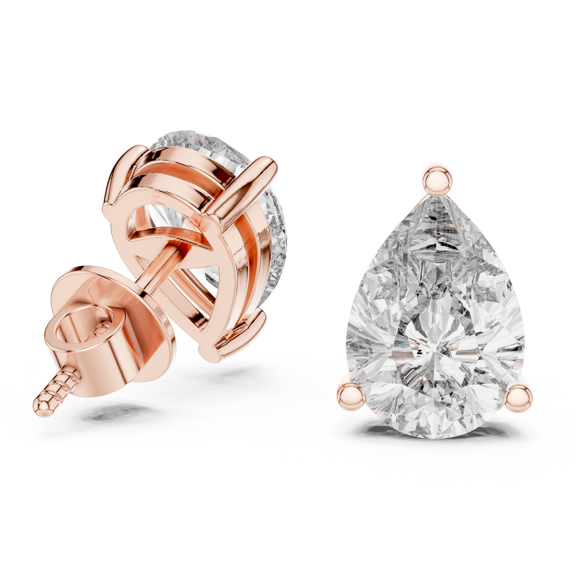 Rose gold interwoven earrings and a teardrop-shaped diamond earring on a white background