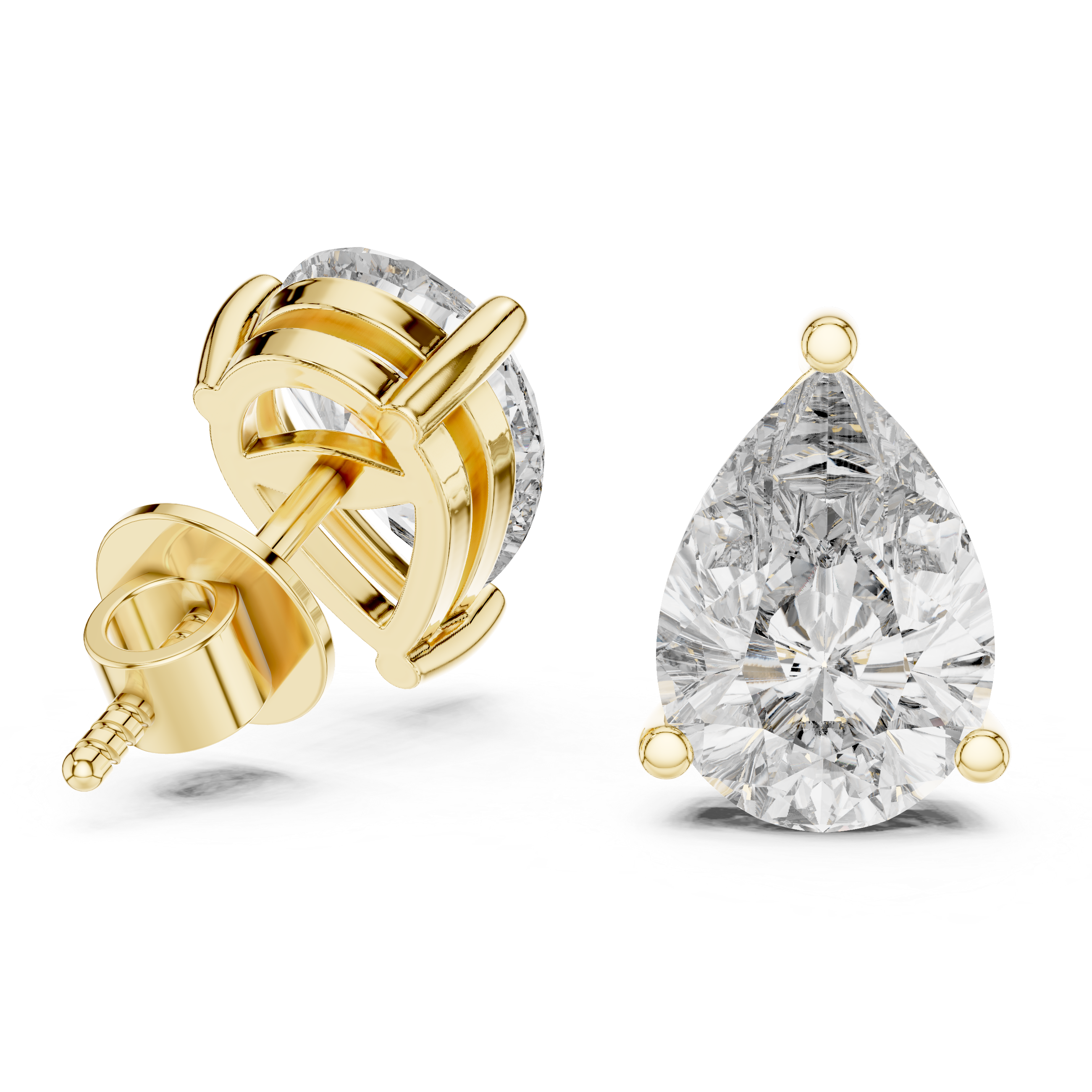 Pair of pear-shaped diamond earrings on a white background