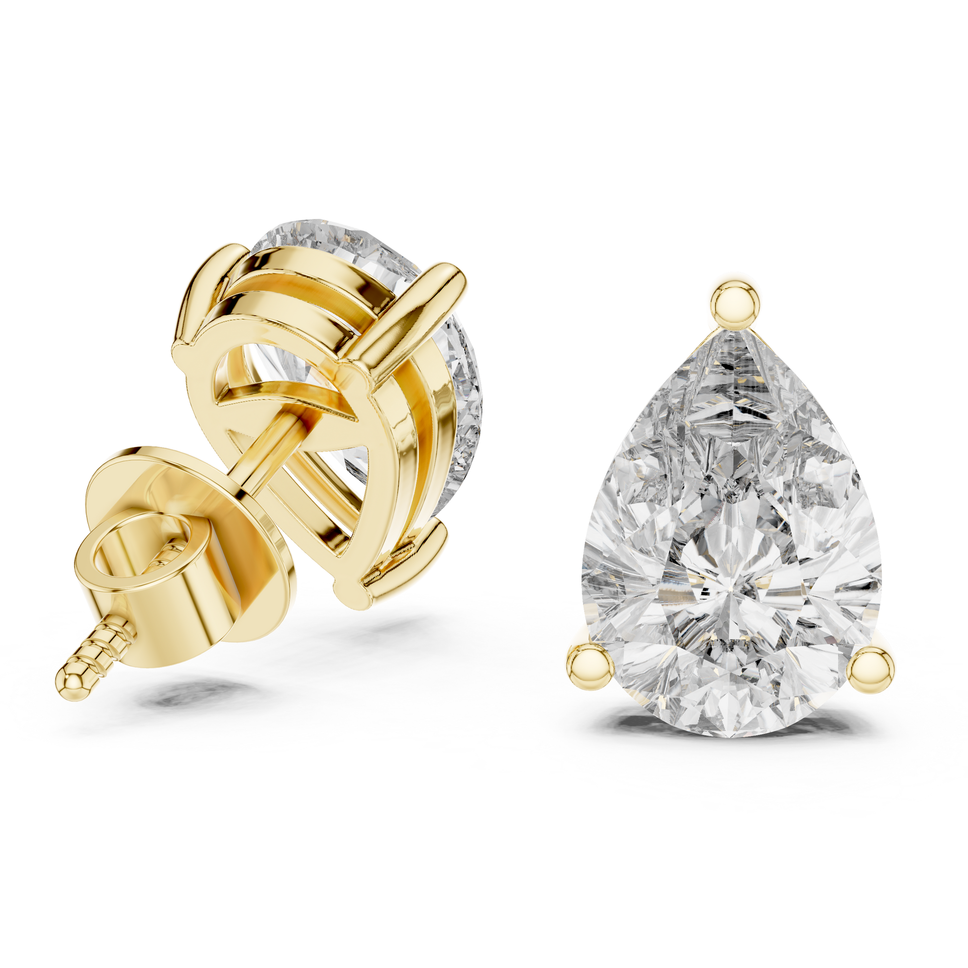 Pair of pear-shaped diamond earrings on a white background