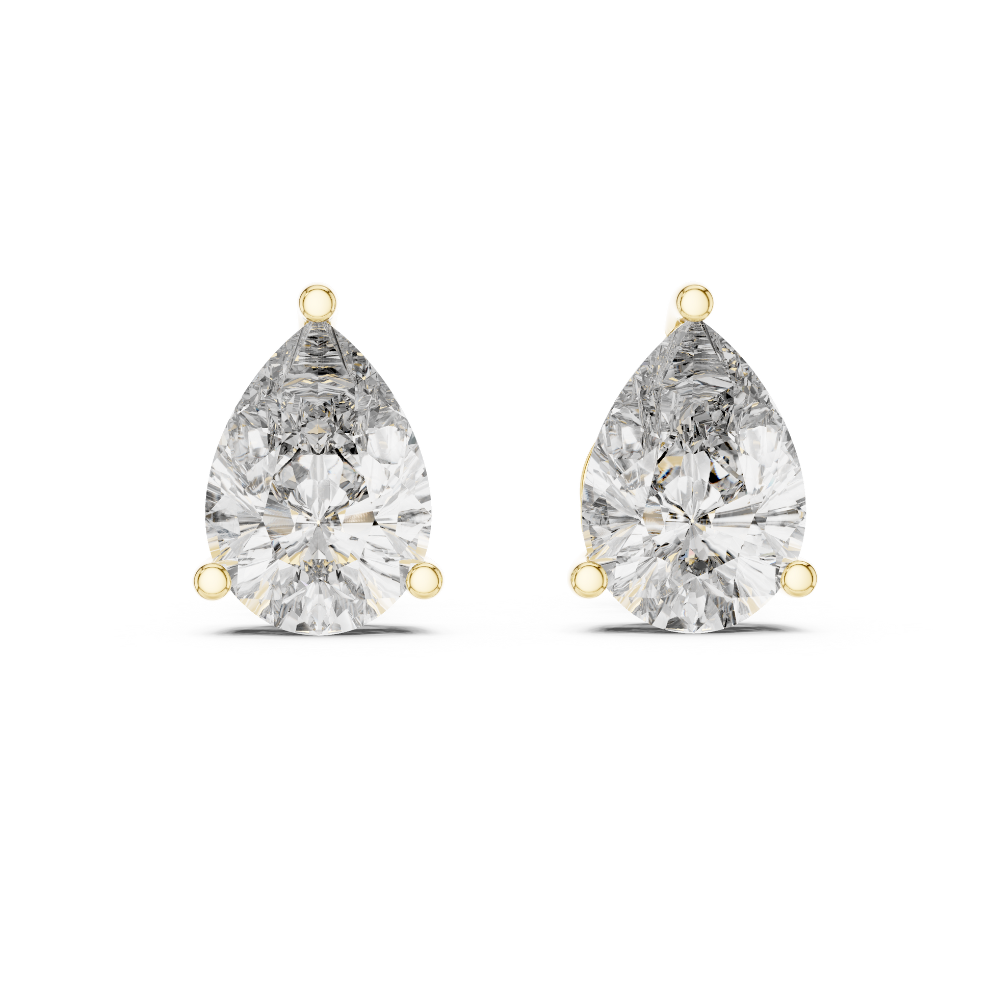 Pair of pear-shaped diamond earrings on a white background