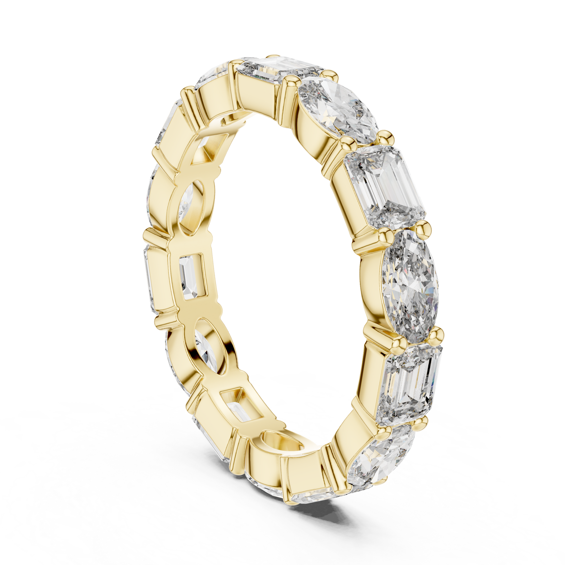 full eternity band features a sophisticated alternation of Emerald and Oval-cut diamonds